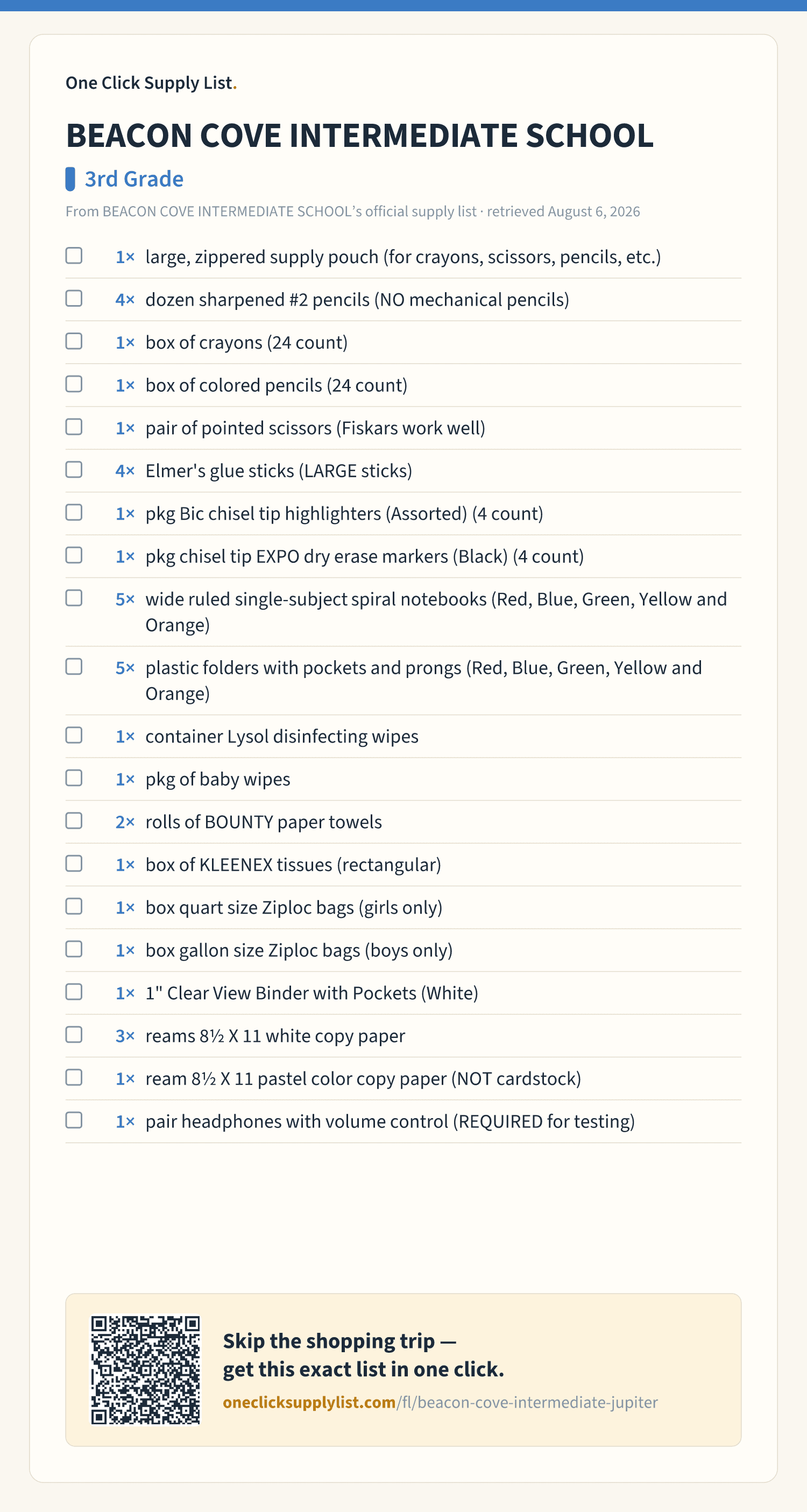 BEACON COVE INTERMEDIATE SCHOOL 3rd Grade supply list — printable image
