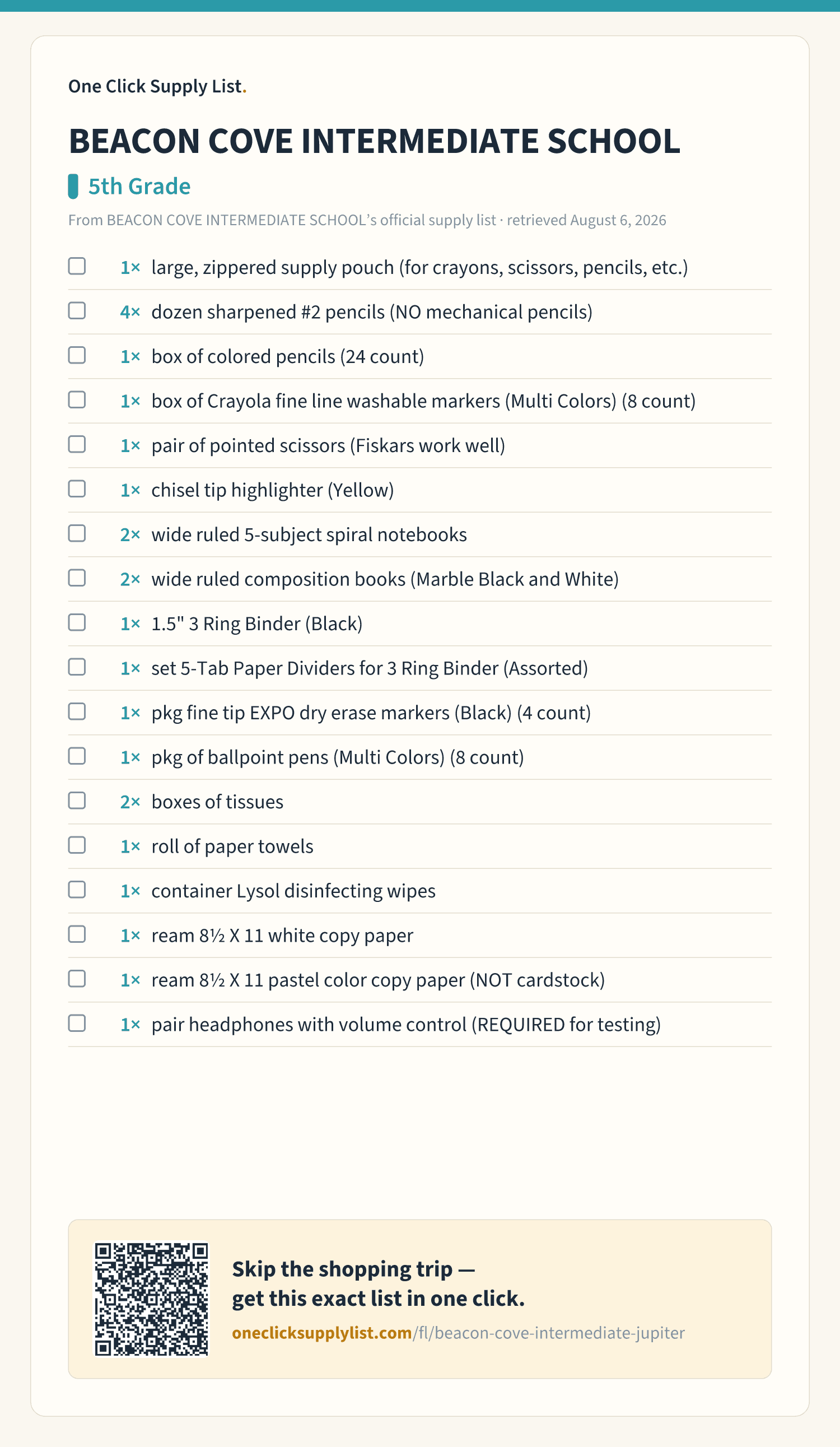 BEACON COVE INTERMEDIATE SCHOOL 5th Grade supply list — printable image