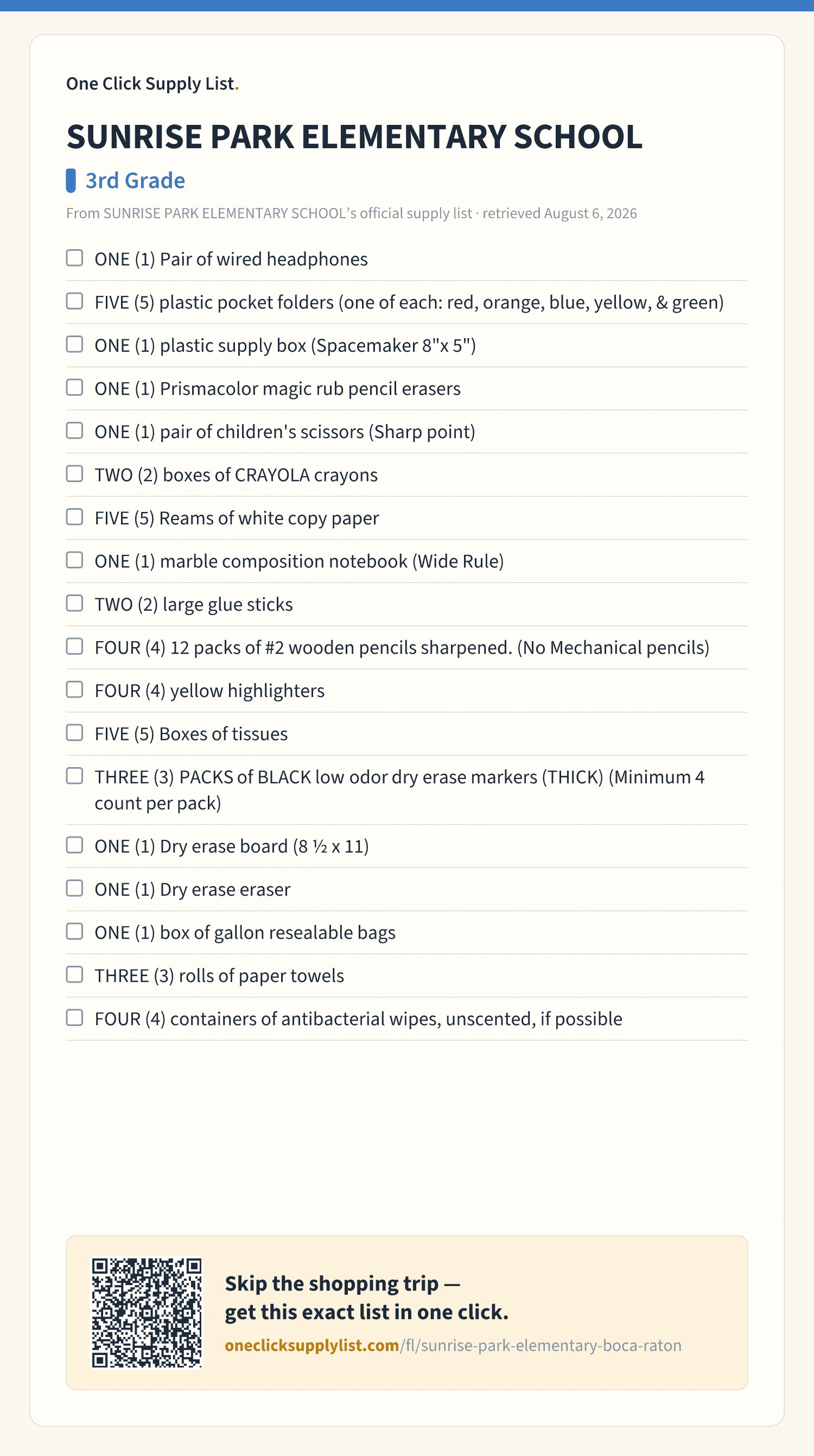SUNRISE PARK ELEMENTARY SCHOOL 3rd Grade supply list — printable image