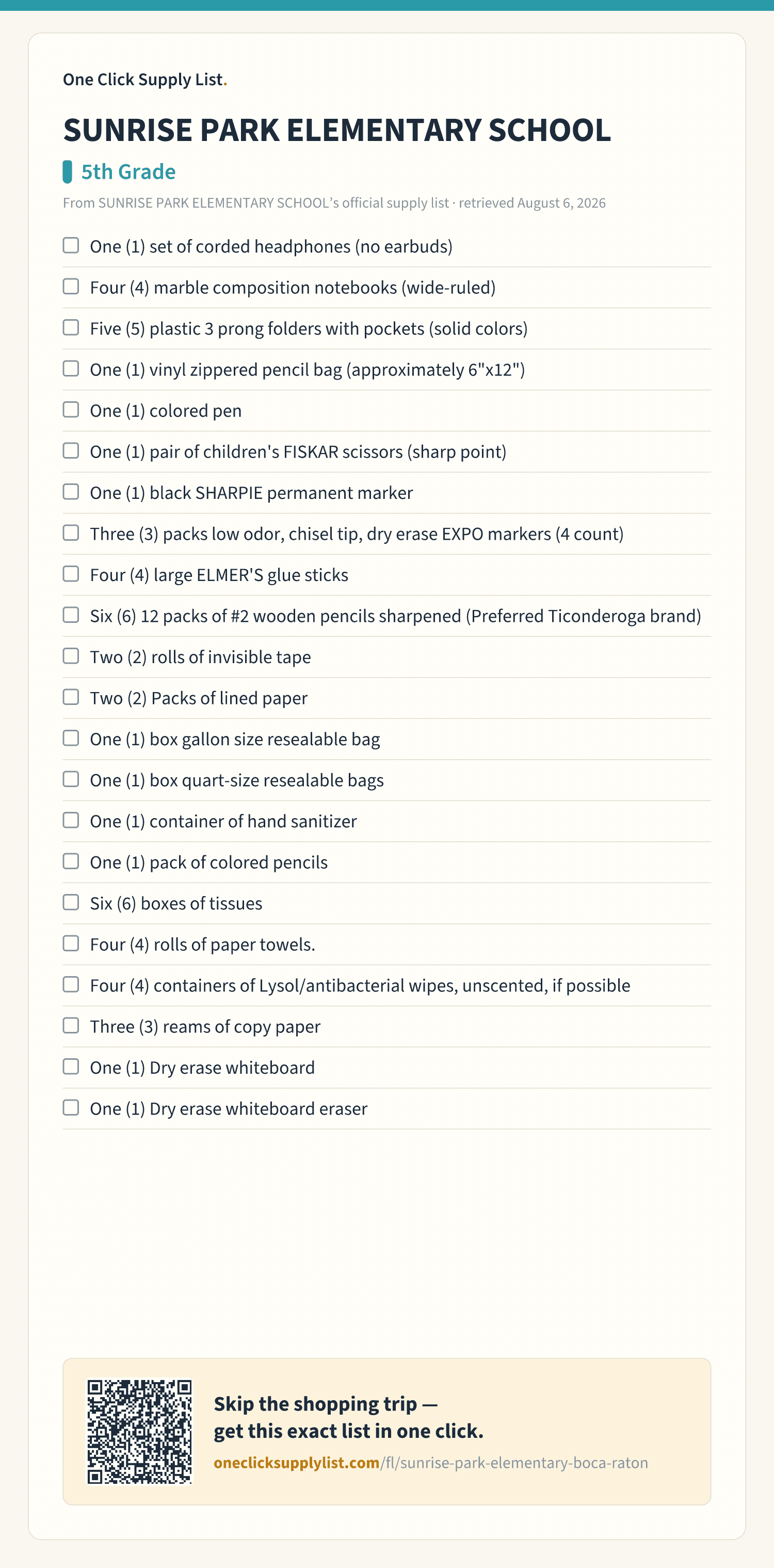 SUNRISE PARK ELEMENTARY SCHOOL 5th Grade supply list — printable image