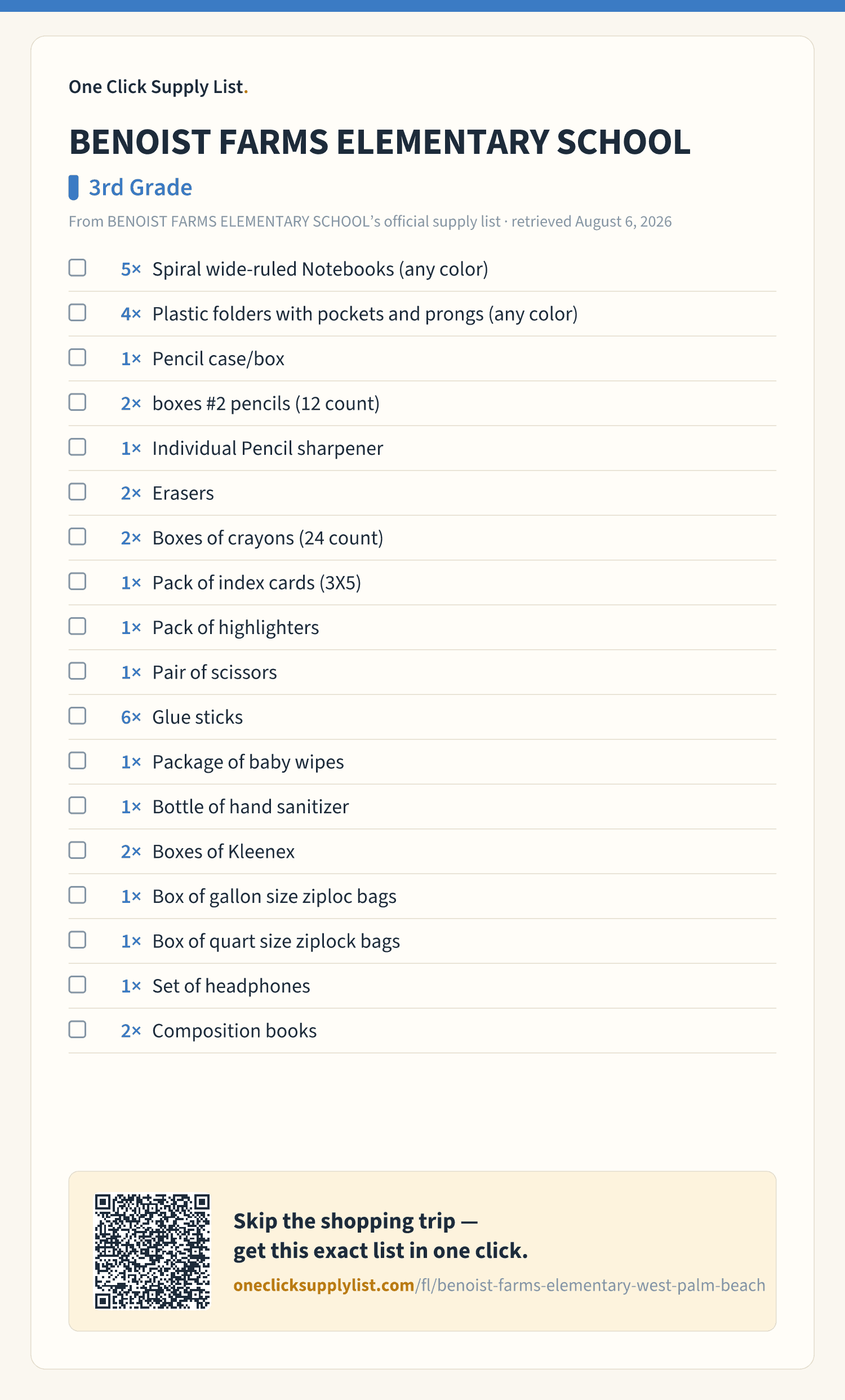 BENOIST FARMS ELEMENTARY SCHOOL 3rd Grade supply list — printable image