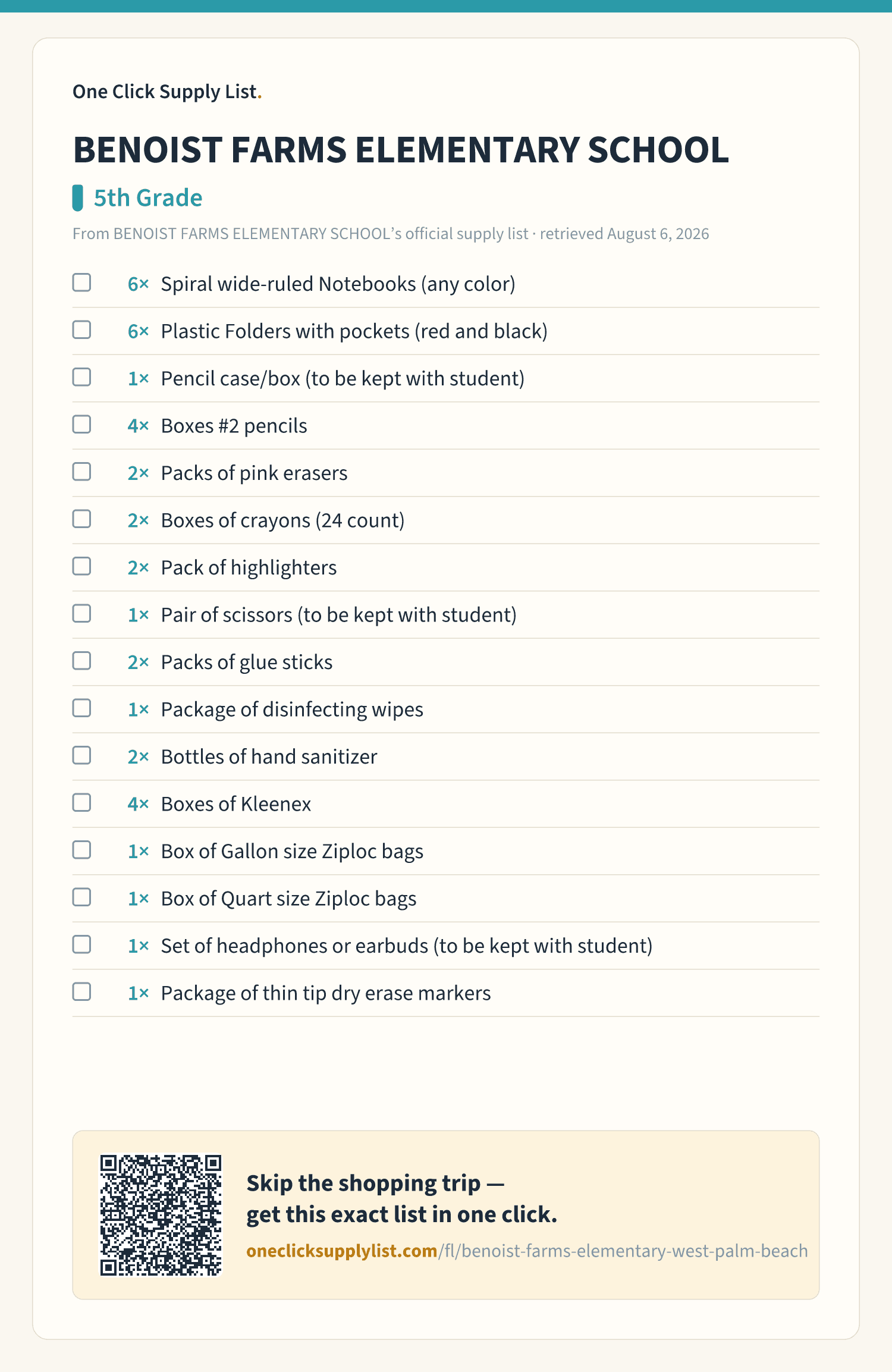 BENOIST FARMS ELEMENTARY SCHOOL 5th Grade supply list — printable image