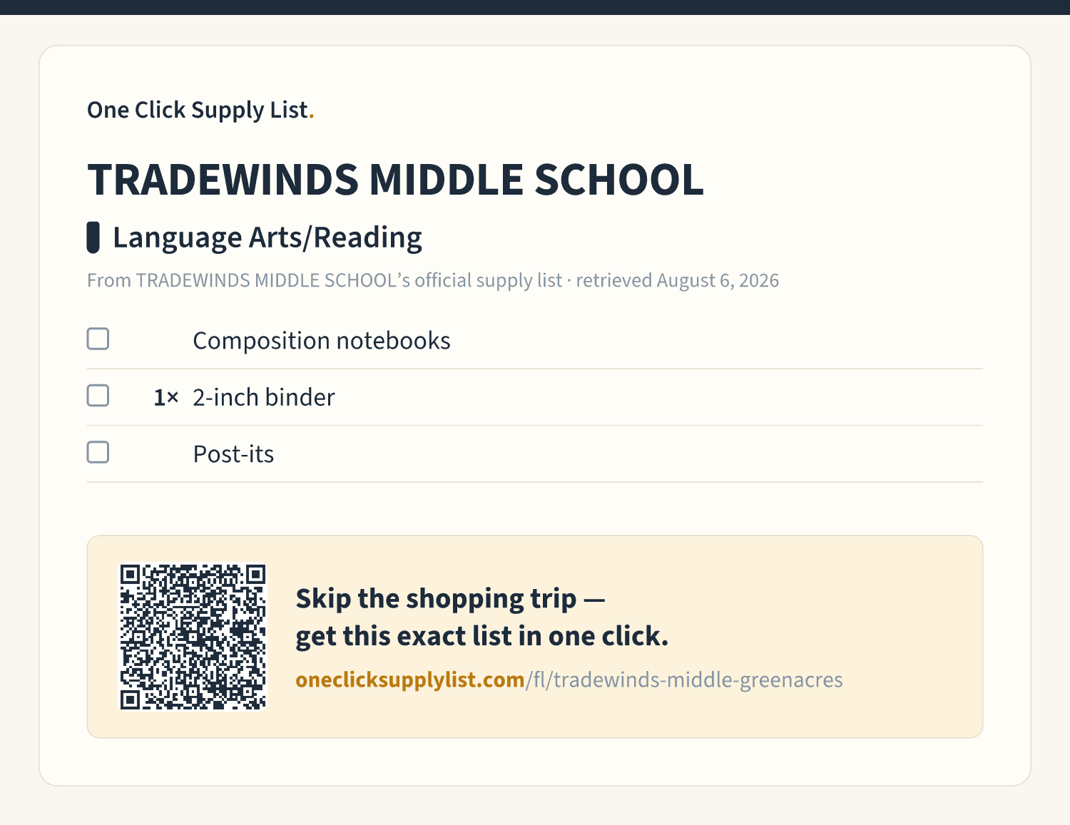 TRADEWINDS MIDDLE SCHOOL Language Arts/Reading supply list — printable image