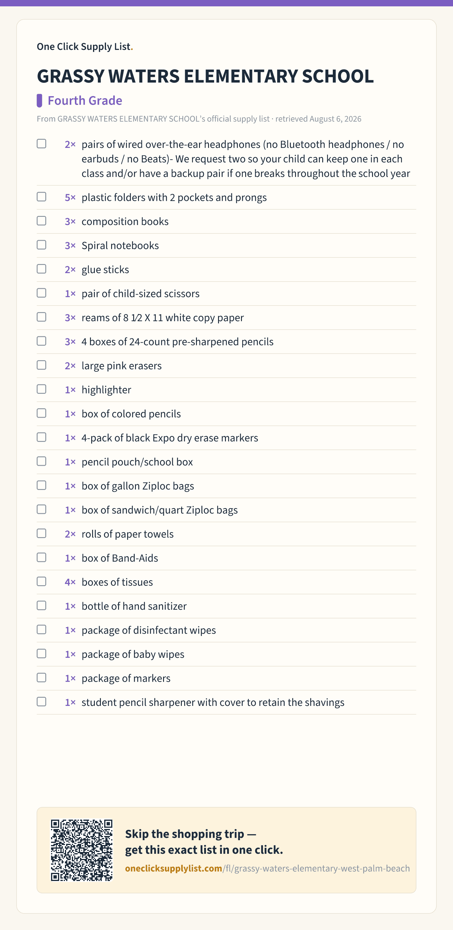 GRASSY WATERS ELEMENTARY SCHOOL Fourth Grade supply list — printable image