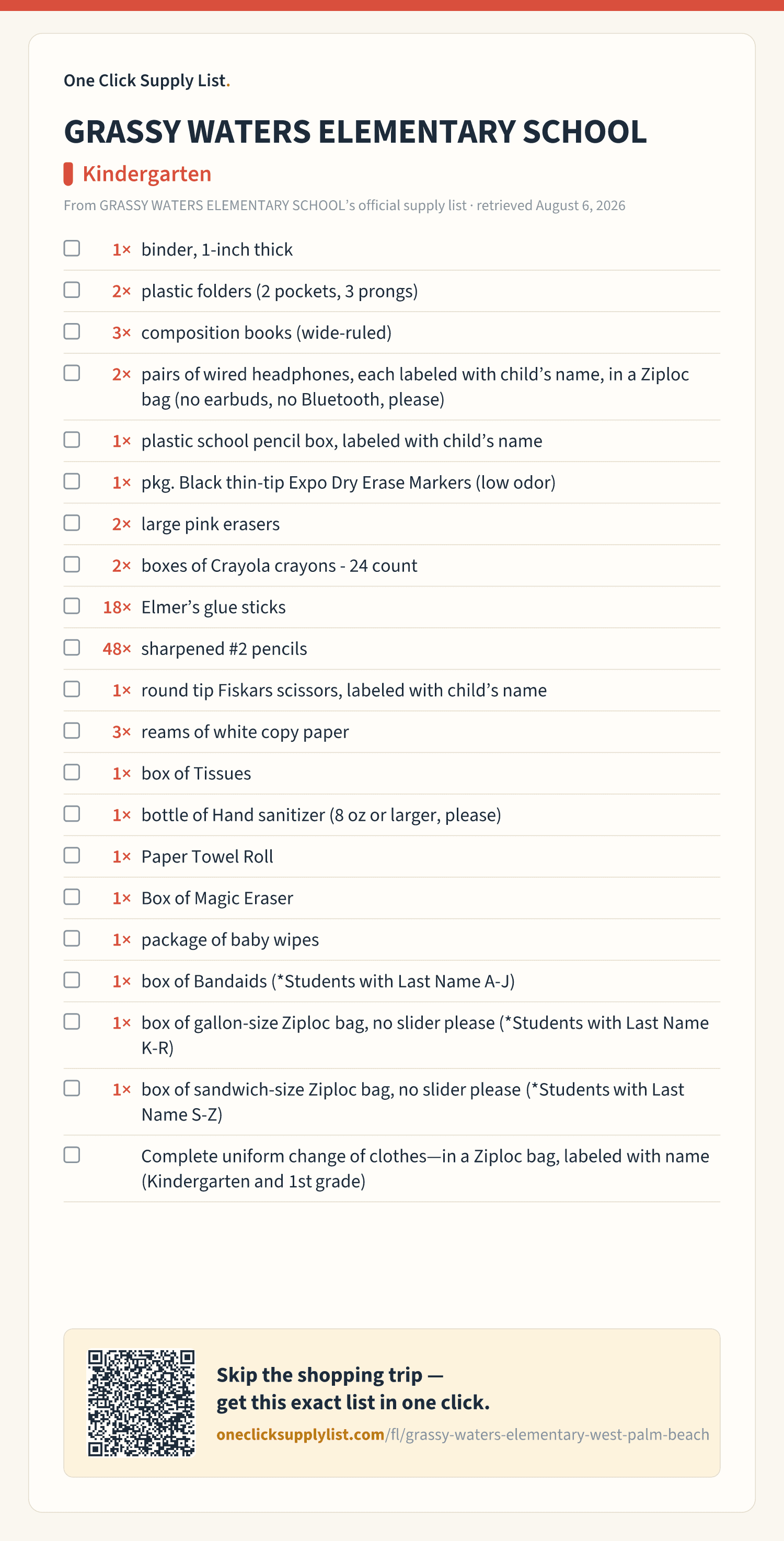 GRASSY WATERS ELEMENTARY SCHOOL Kindergarten supply list — printable image