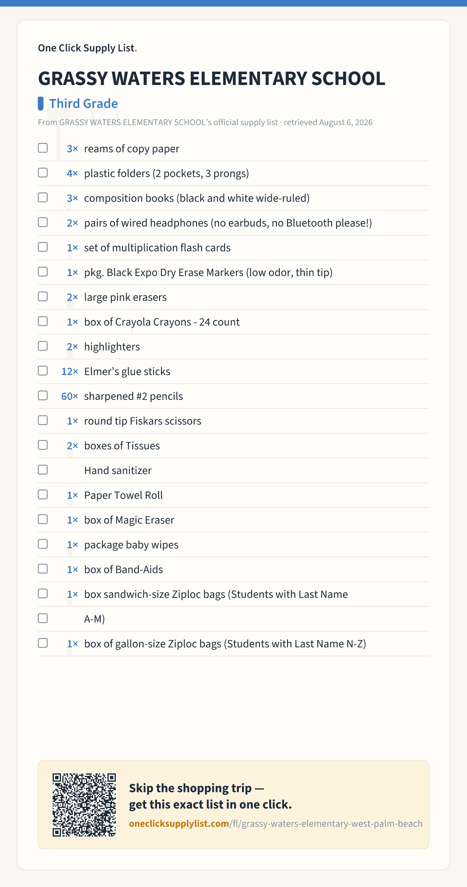 GRASSY WATERS ELEMENTARY SCHOOL Third Grade supply list — printable image