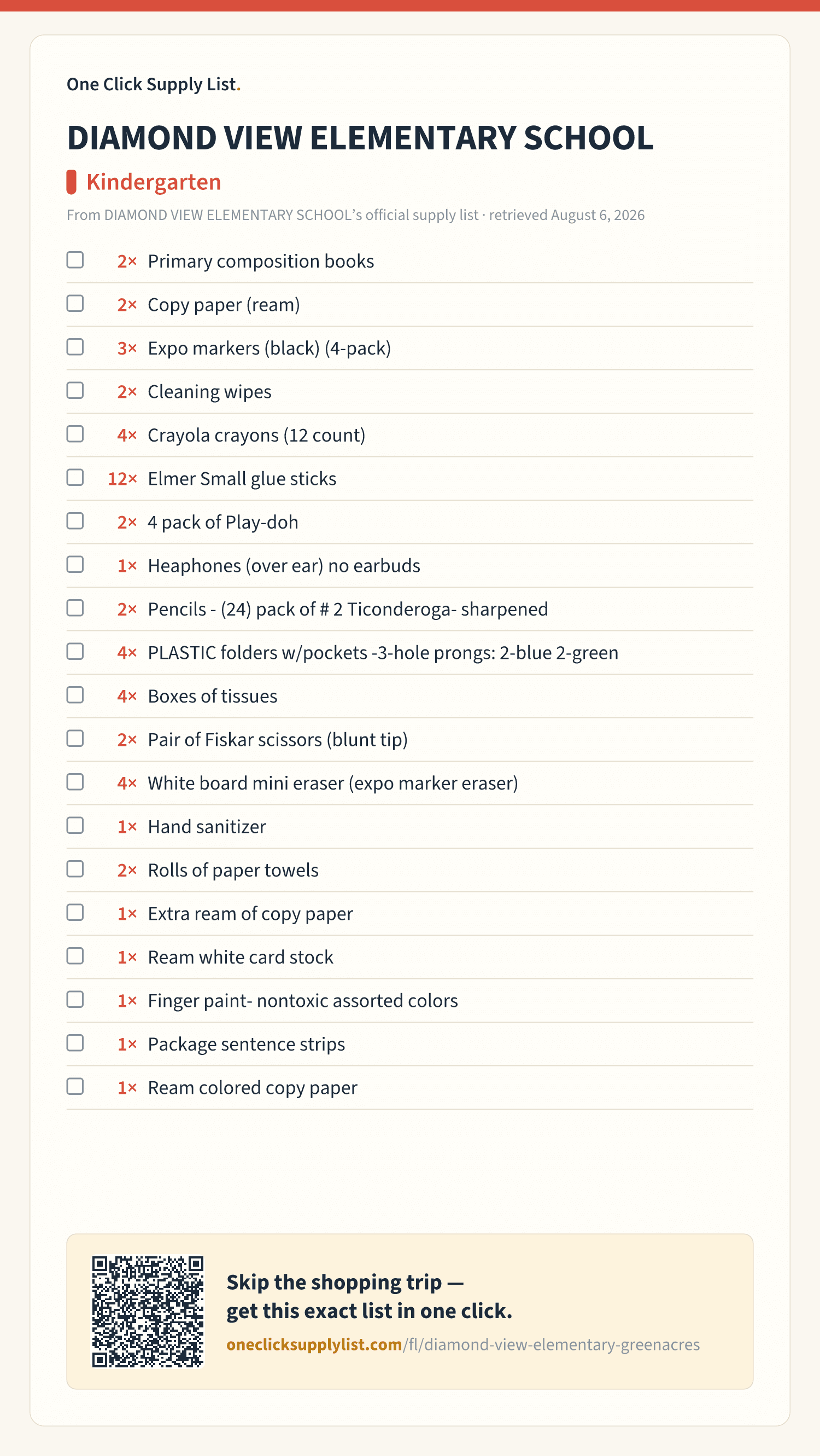 DIAMOND VIEW ELEMENTARY SCHOOL Kindergarten supply list — printable image