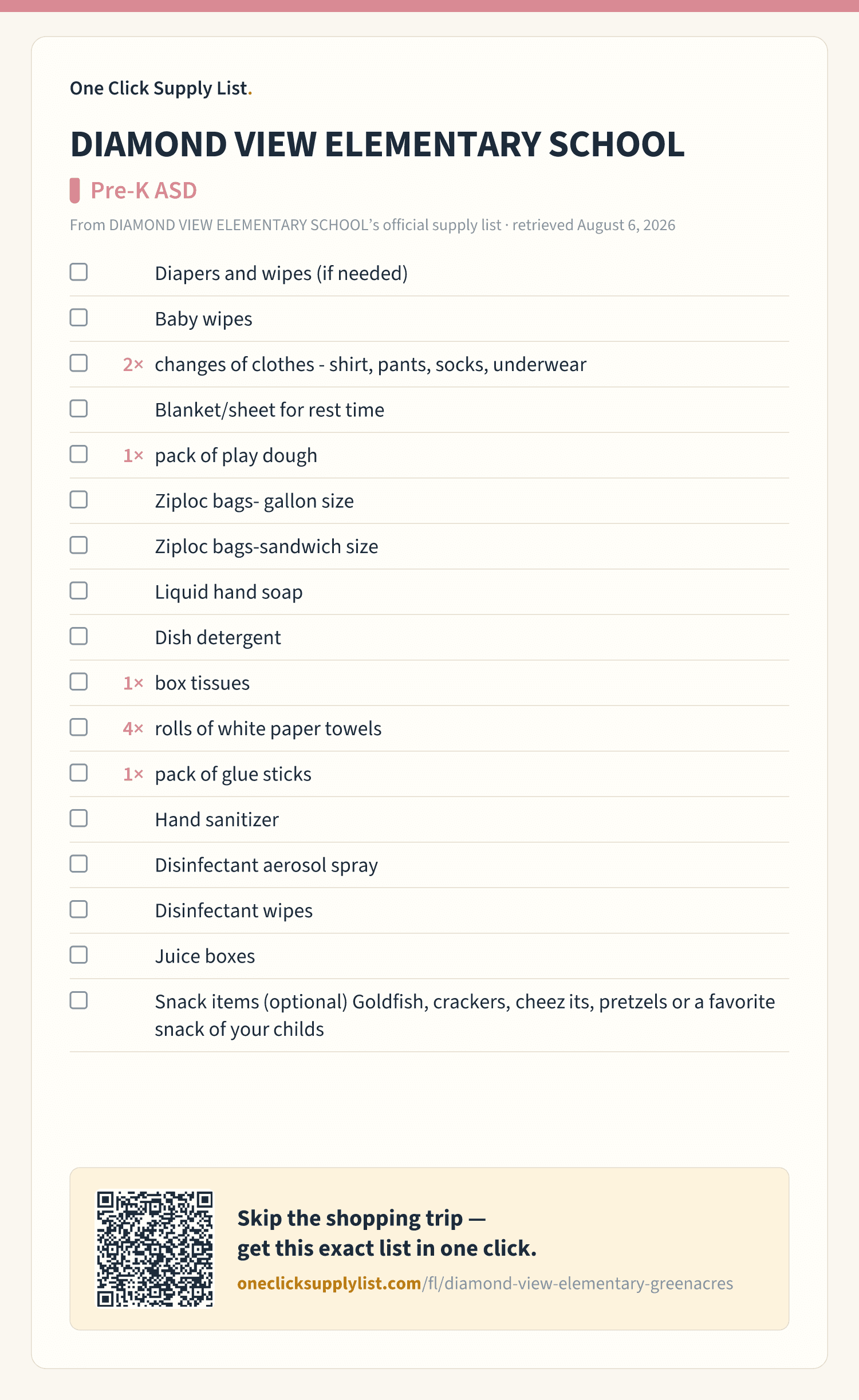 DIAMOND VIEW ELEMENTARY SCHOOL Pre-K ASD supply list — printable image