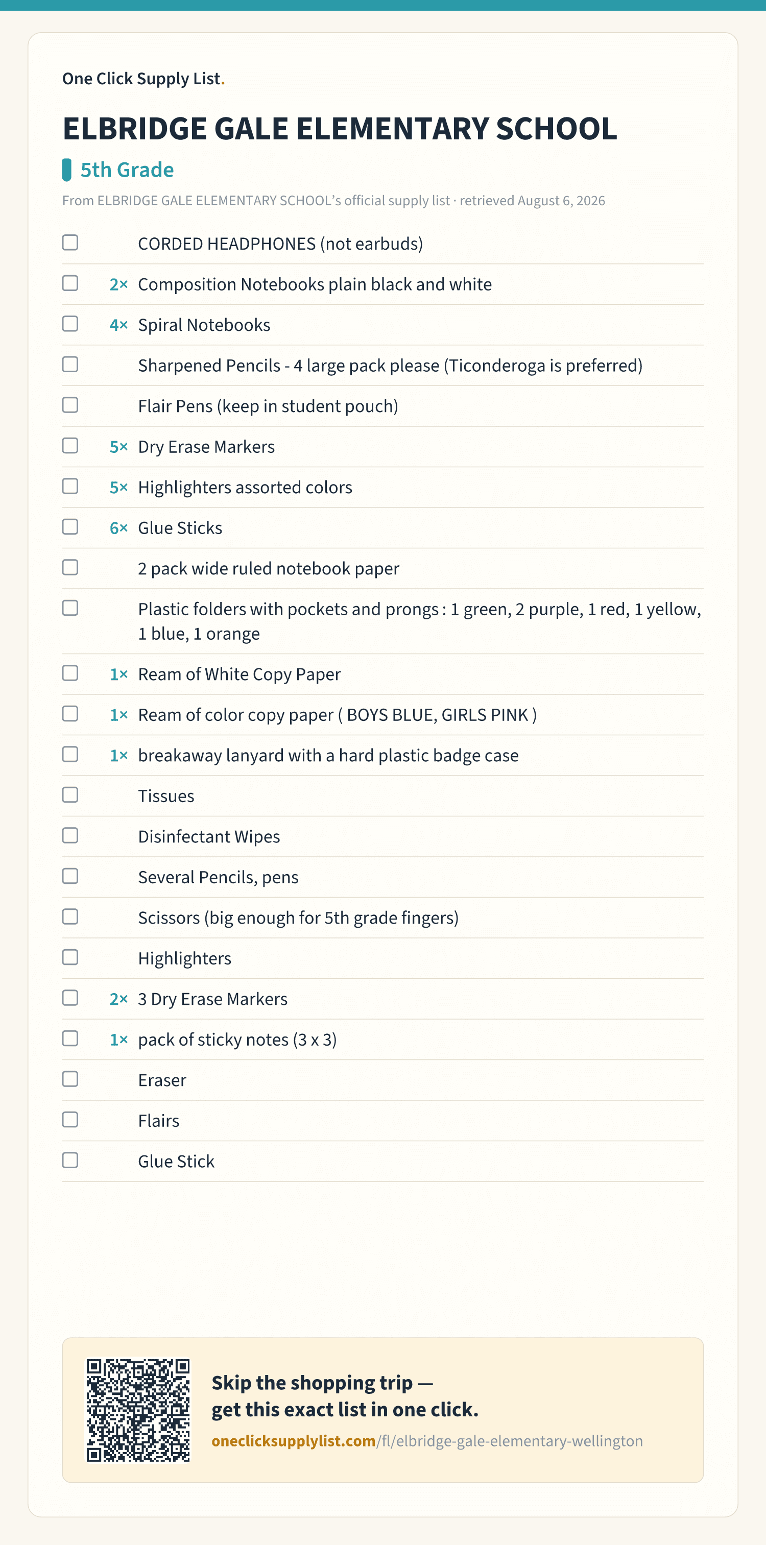 ELBRIDGE GALE ELEMENTARY SCHOOL 5th Grade supply list — printable image