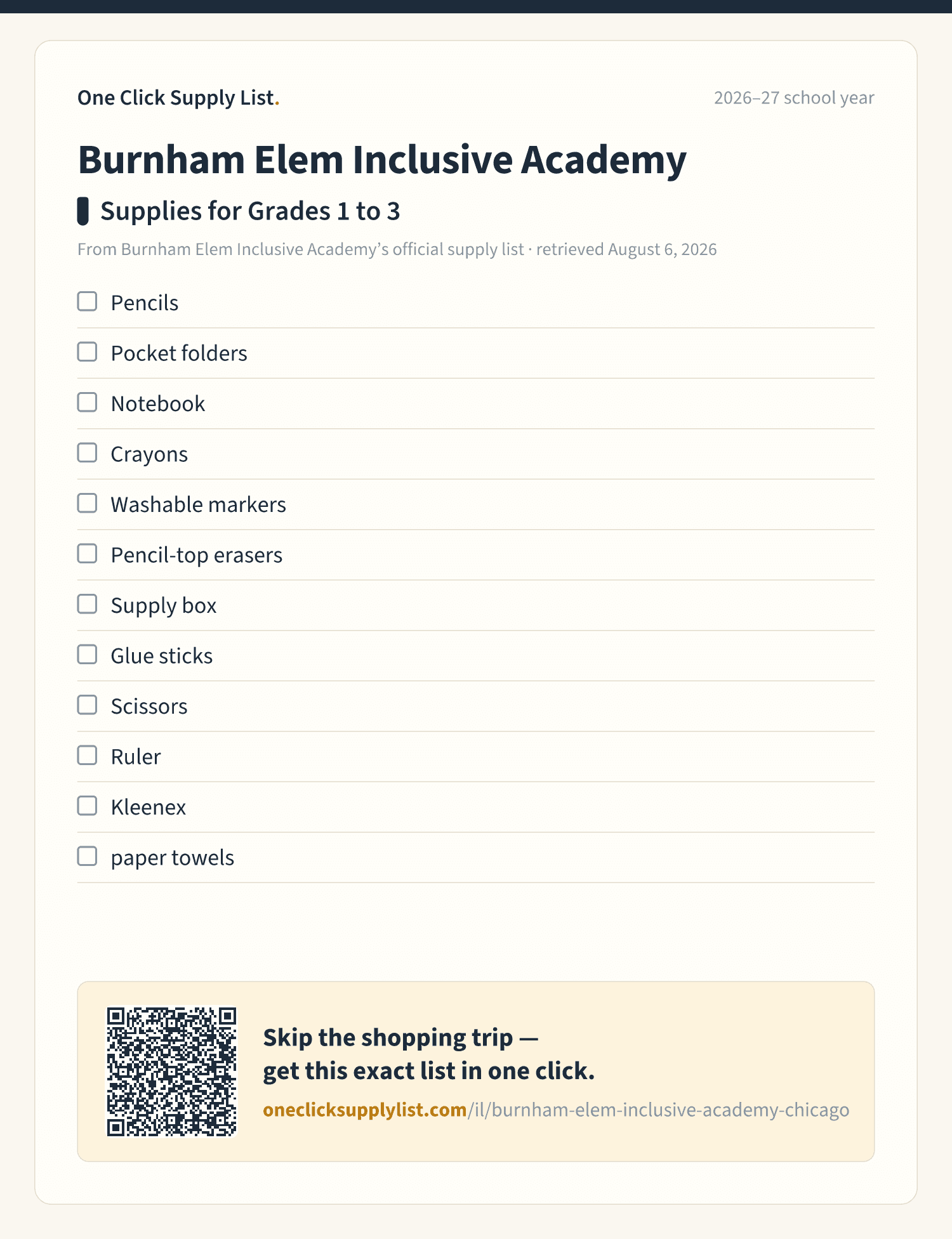 Burnham Elem Inclusive Academy Supplies for Grades 1 to 3 supply list — printable image
