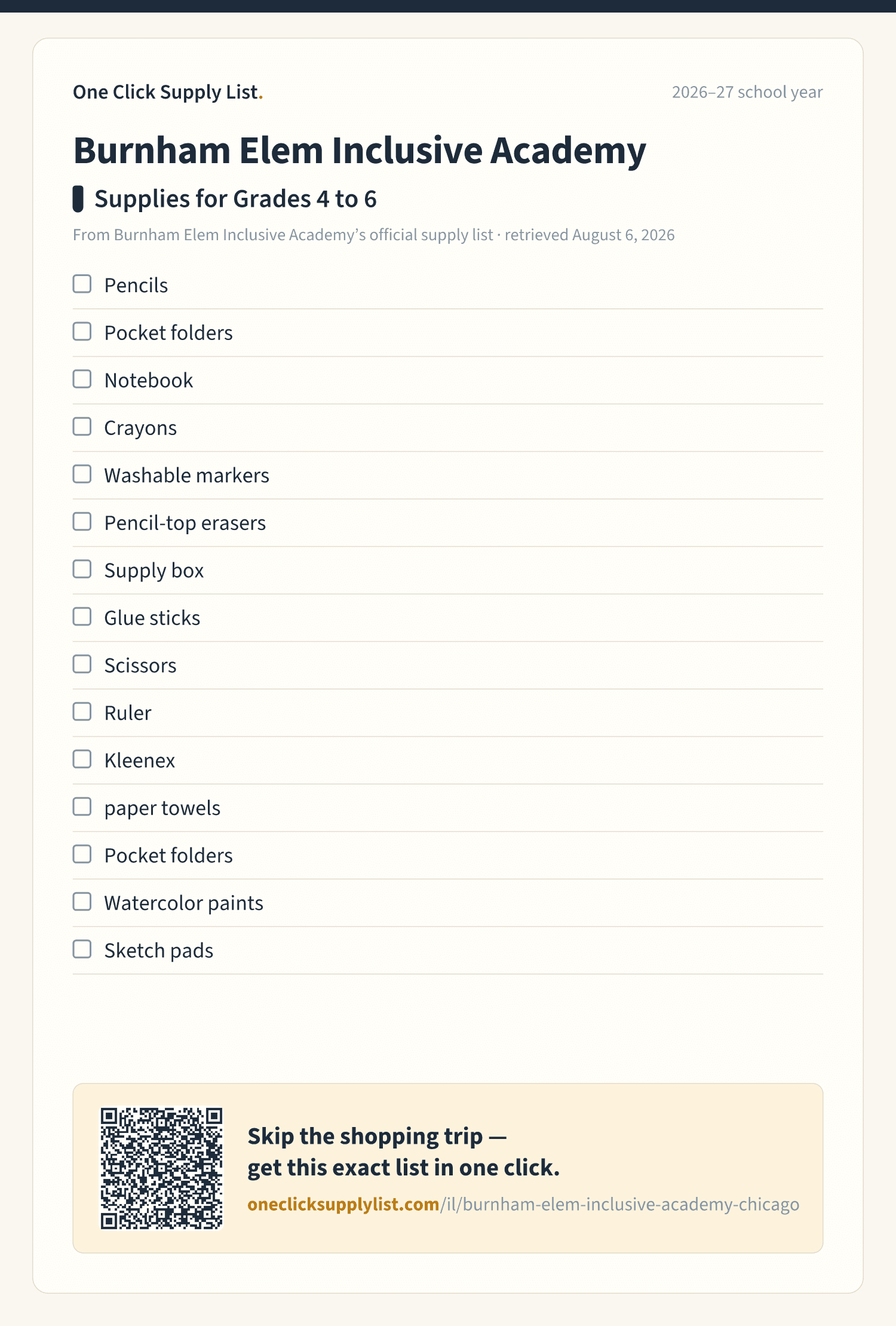 Burnham Elem Inclusive Academy Supplies for Grades 4 to 6 supply list — printable image