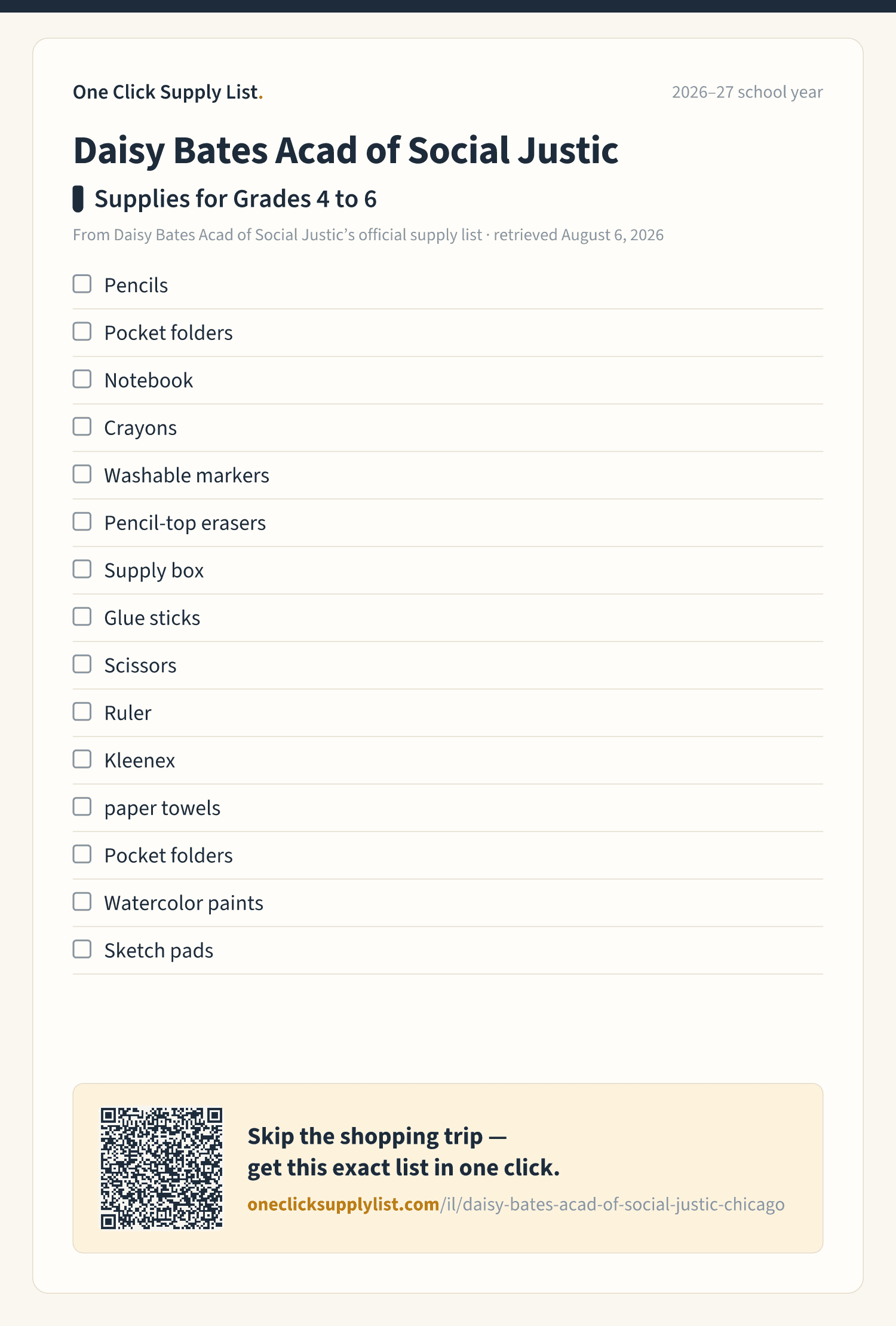 Daisy Bates Acad of Social Justic Supplies for Grades 4 to 6 supply list — printable image