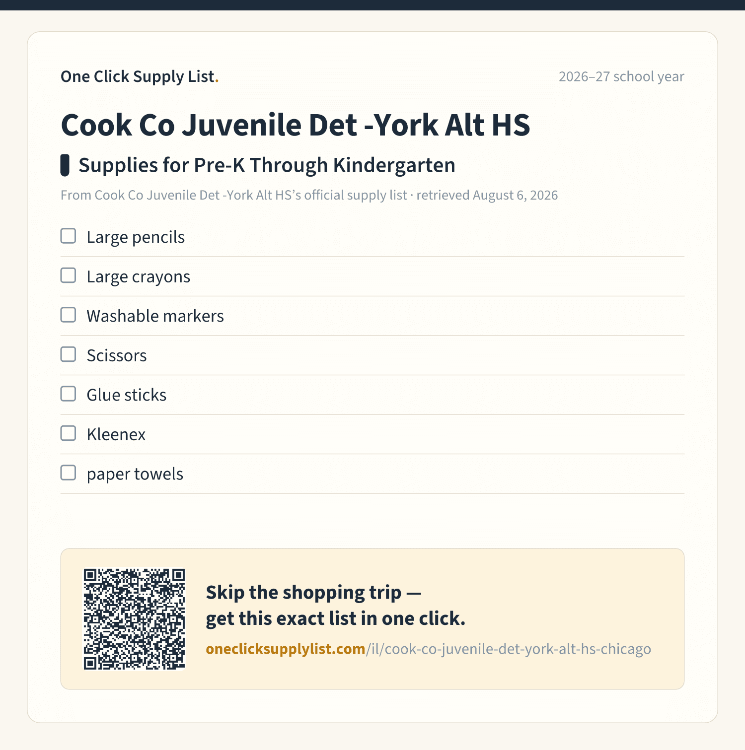 Cook Co Juvenile Det -York Alt HS Supplies for Pre-K Through Kindergarten supply list — printable image