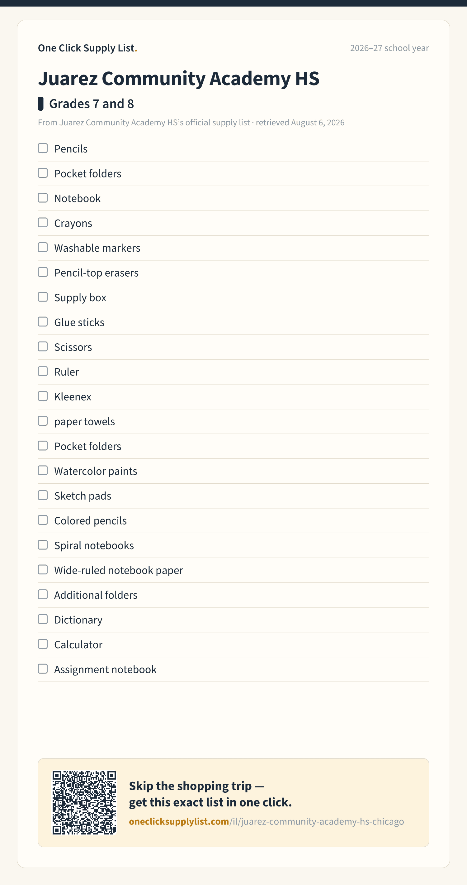Juarez Community Academy HS Grades 7 and 8 supply list — printable image