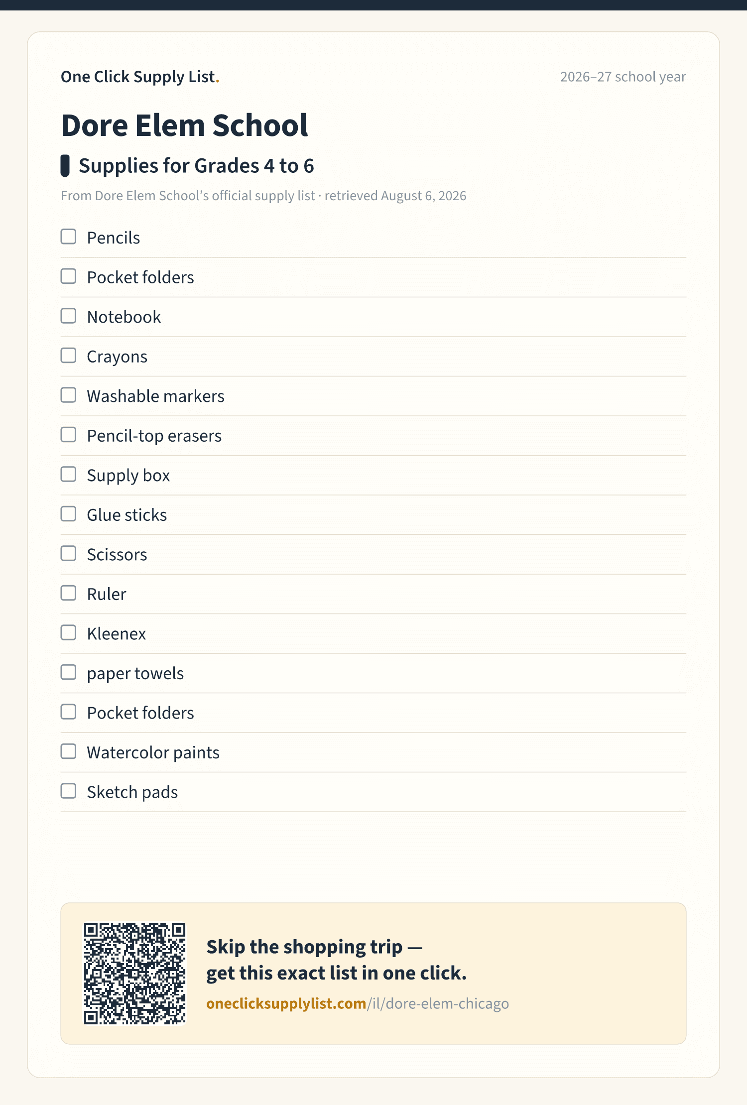 Dore Elem School Supplies for Grades 4 to 6 supply list — printable image