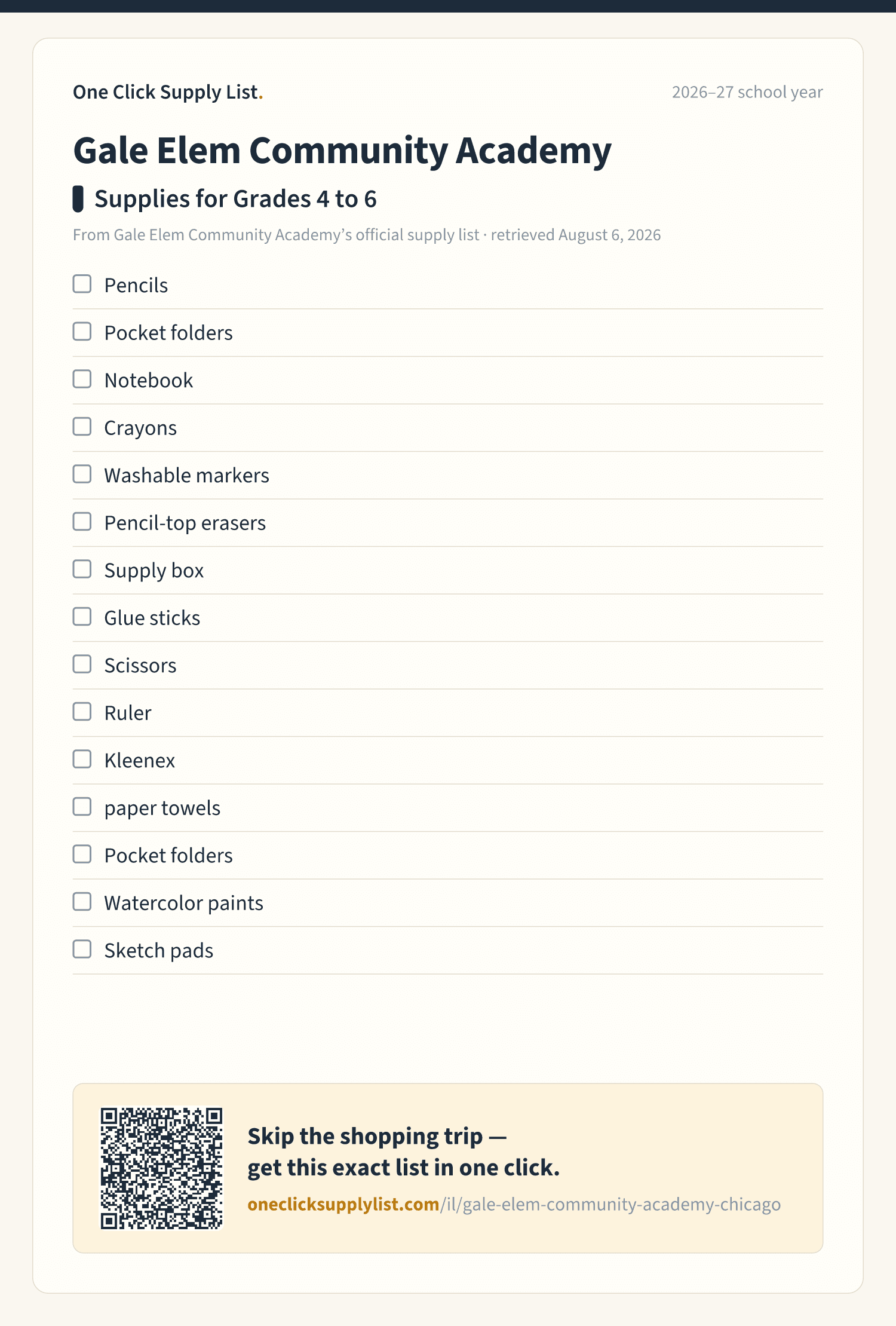 Gale Elem Community Academy Supplies for Grades 4 to 6 supply list — printable image