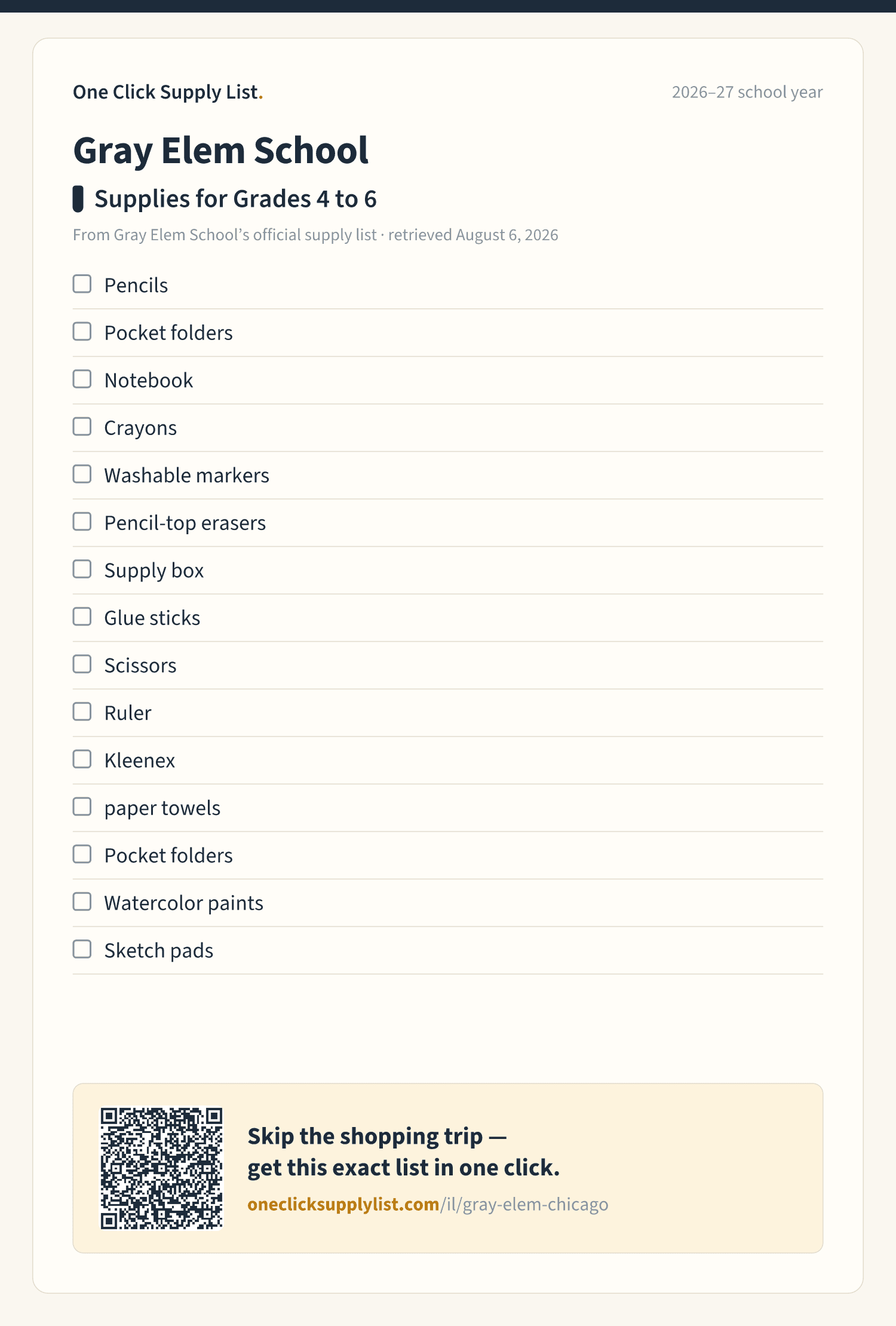Gray Elem School Supplies for Grades 4 to 6 supply list — printable image