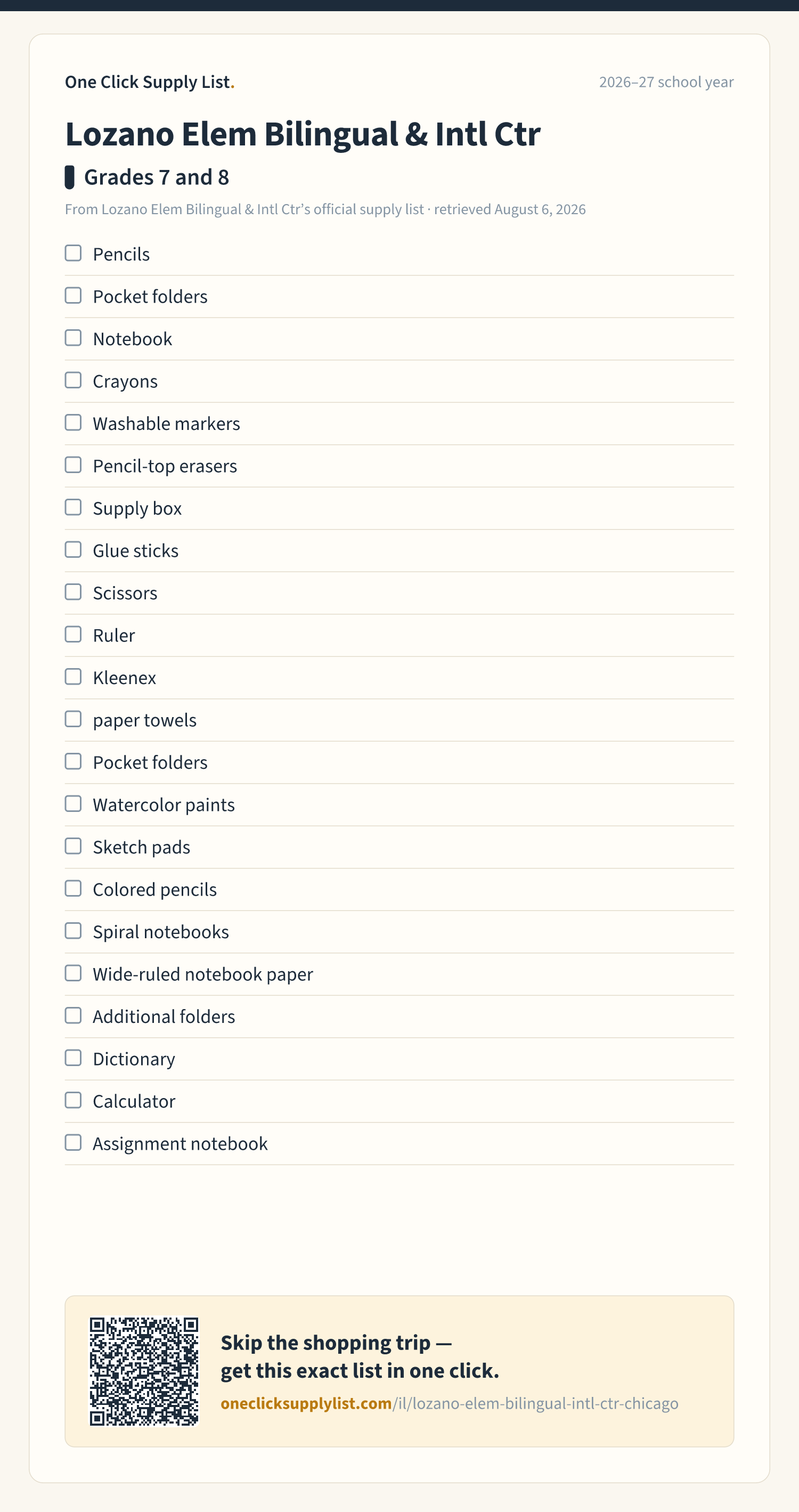 Lozano Elem Bilingual & Intl Ctr Grades 7 and 8 supply list — printable image