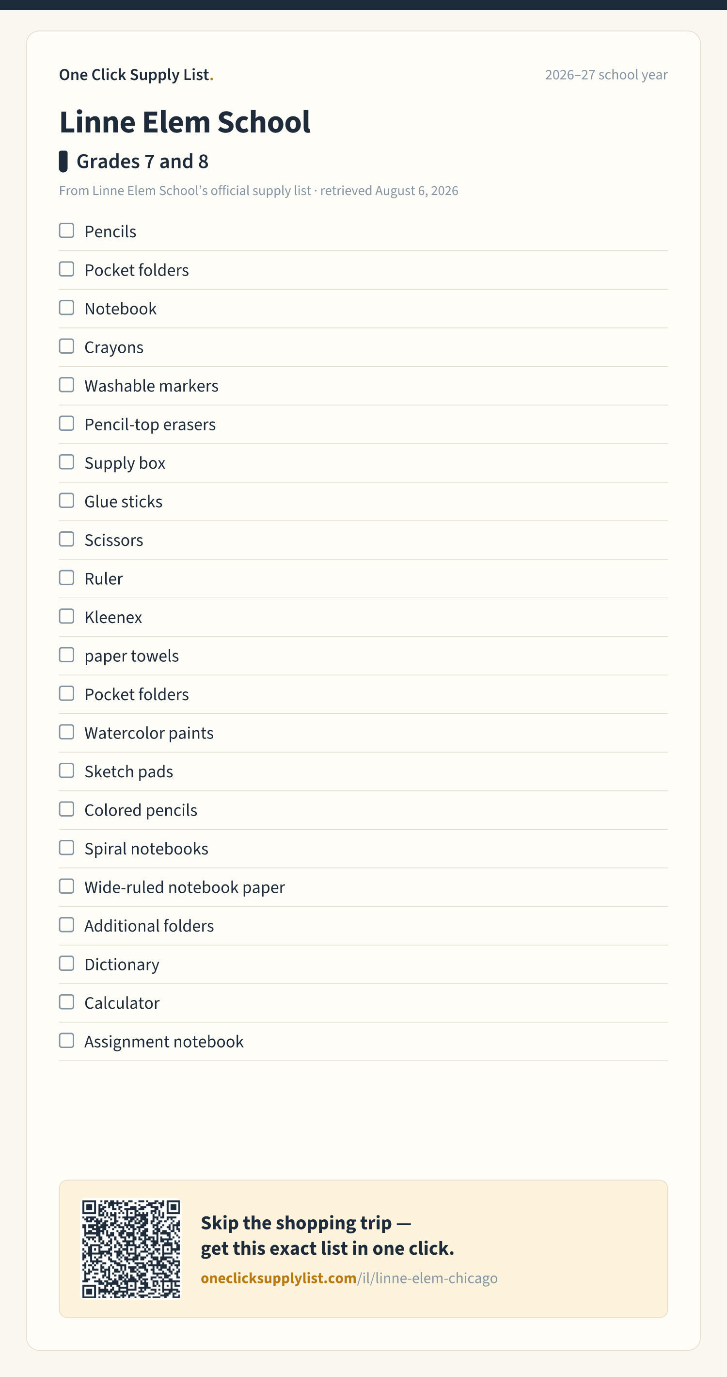 Linne Elem School Grades 7 and 8 supply list — printable image