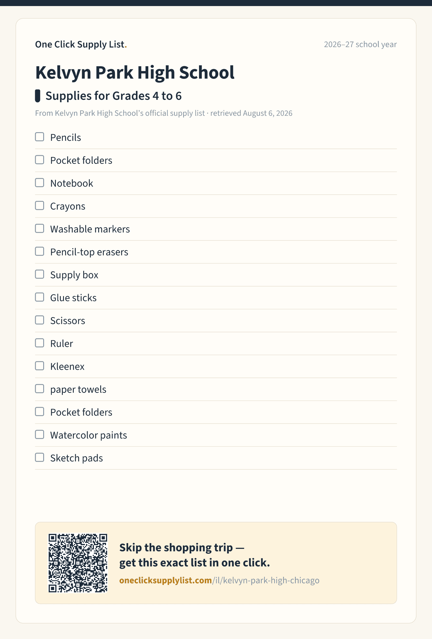 Kelvyn Park High School Supplies for Grades 4 to 6 supply list — printable image