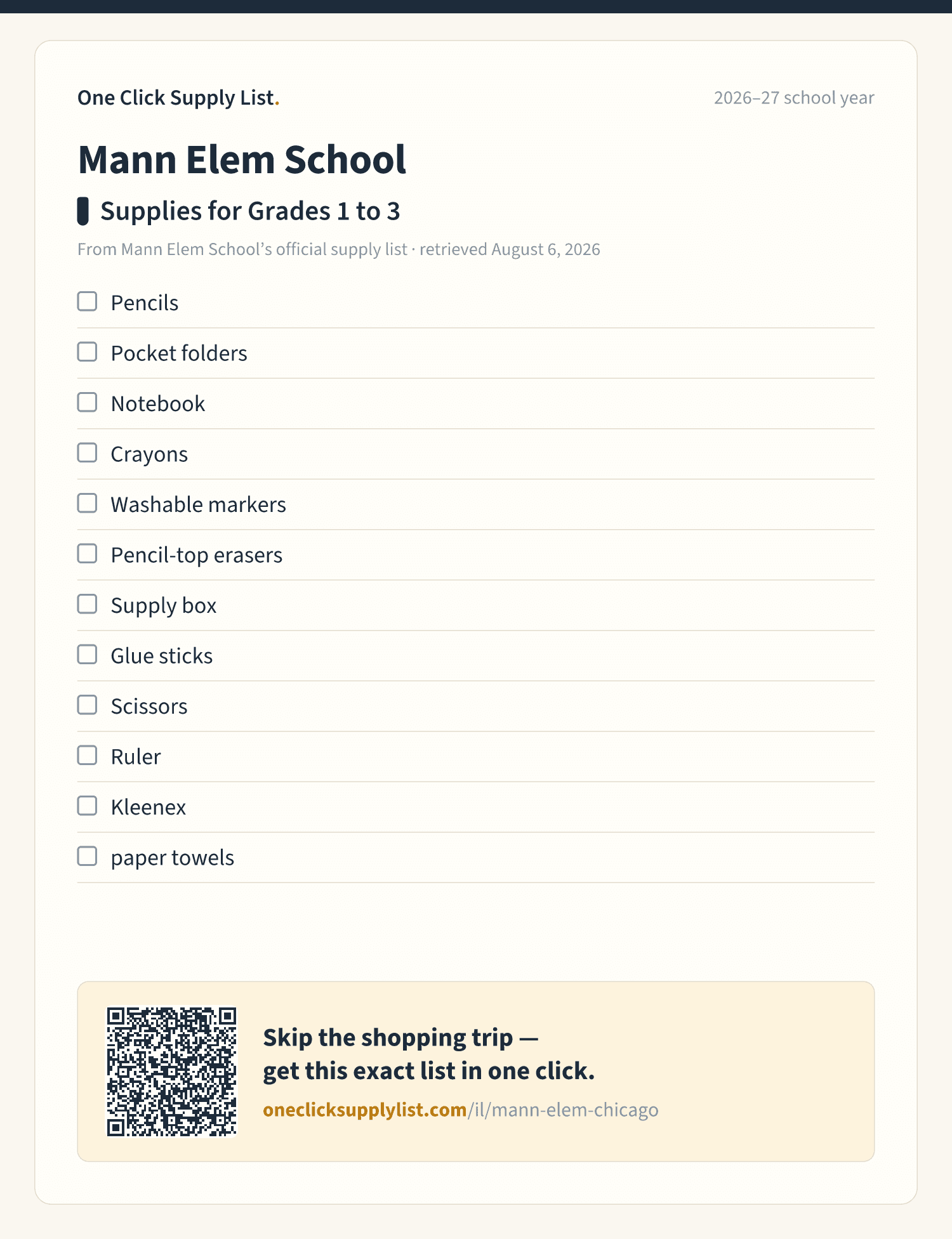Mann Elem School Supplies for Grades 1 to 3 supply list — printable image
