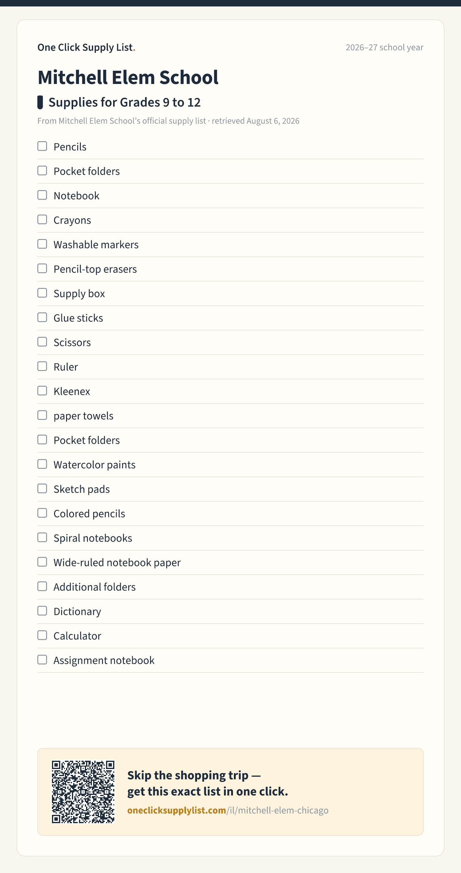 Mitchell Elem School Supplies for Grades 9 to 12 supply list — printable image