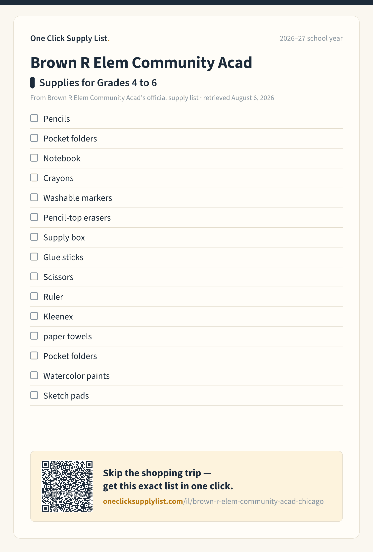 Brown R Elem Community Acad Supplies for Grades 4 to 6 supply list — printable image