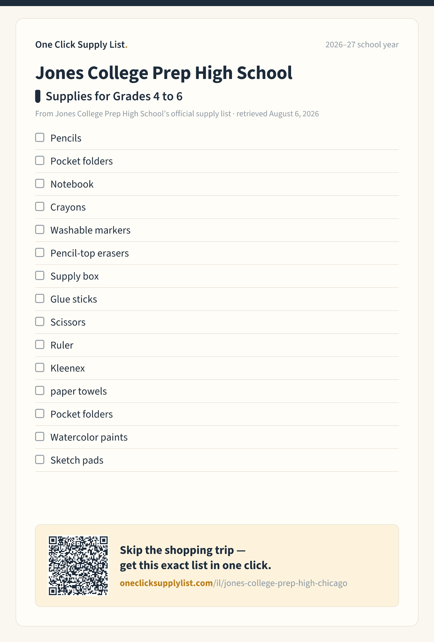 Jones College Prep High School Supplies for Grades 4 to 6 supply list — printable image