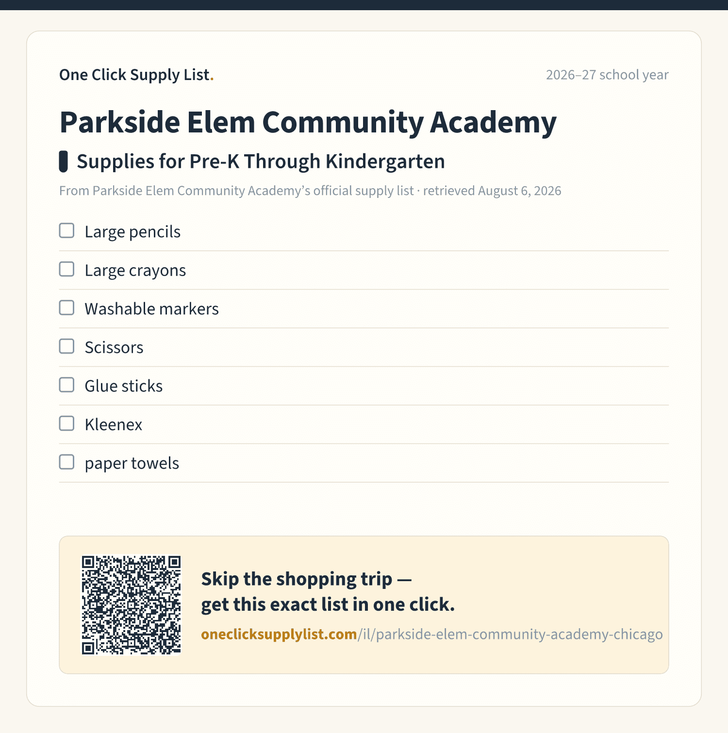Parkside Elem Community Academy Supplies for Pre-K Through Kindergarten supply list — printable image