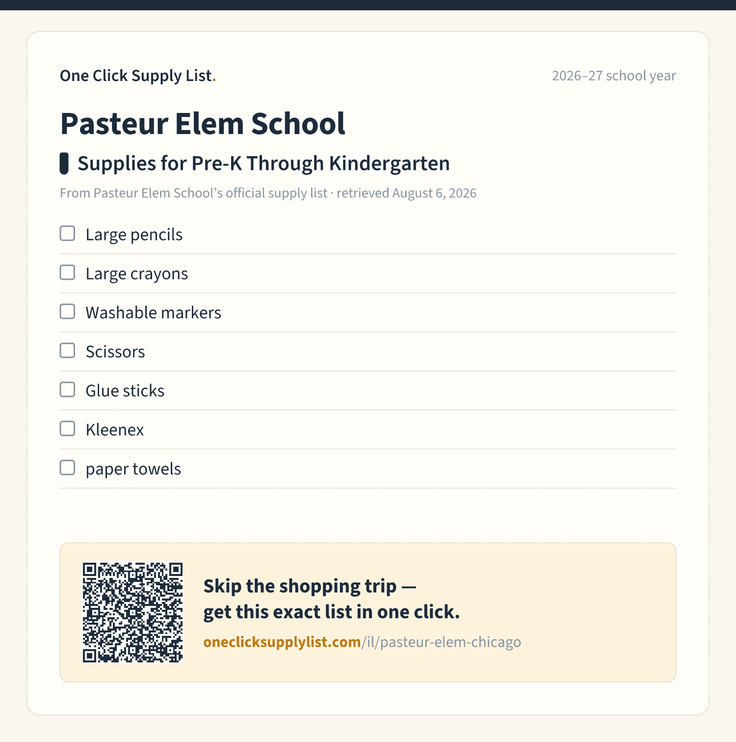 Pasteur Elem School Supplies for Pre-K Through Kindergarten supply list — printable image