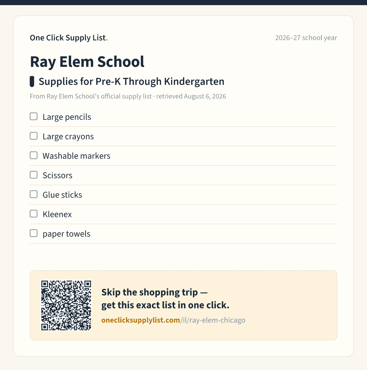 Ray Elem School Supplies for Pre-K Through Kindergarten supply list — printable image