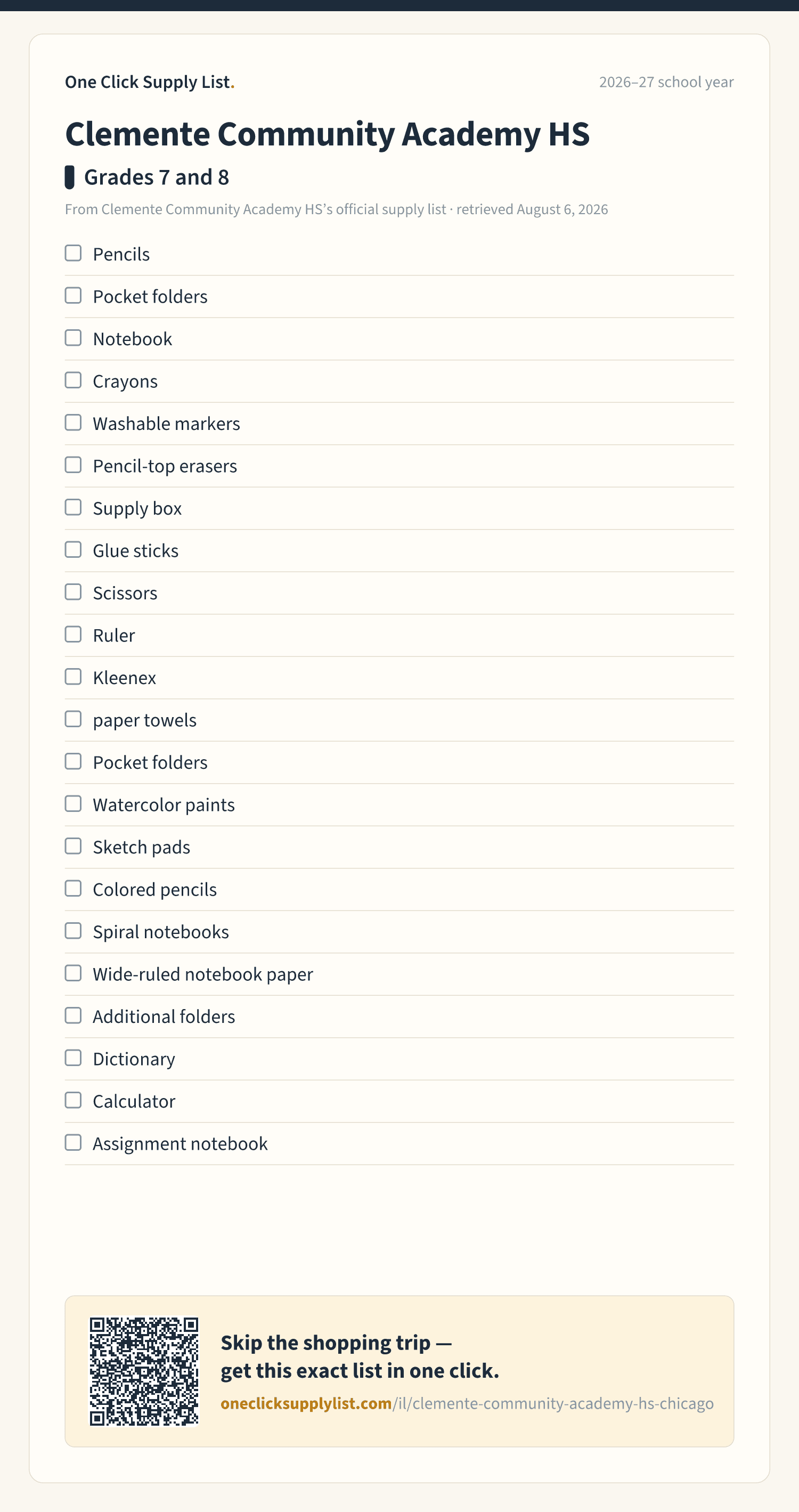 Clemente Community Academy HS Grades 7 and 8 supply list — printable image