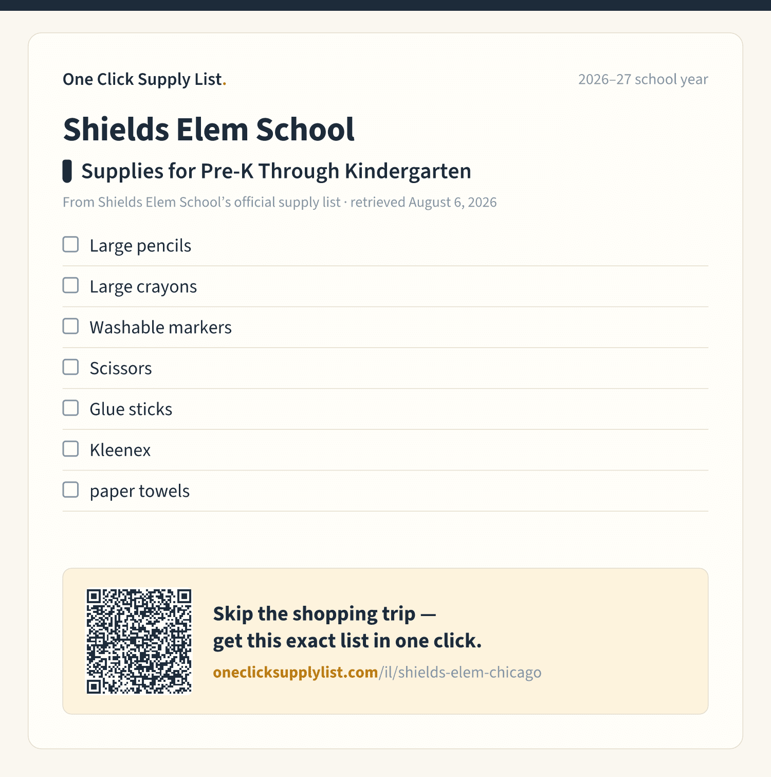 Shields Elem School Supplies for Pre-K Through Kindergarten supply list — printable image
