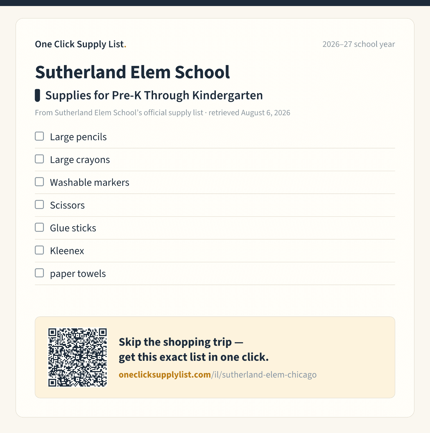 Sutherland Elem School Supplies for Pre-K Through Kindergarten supply list — printable image