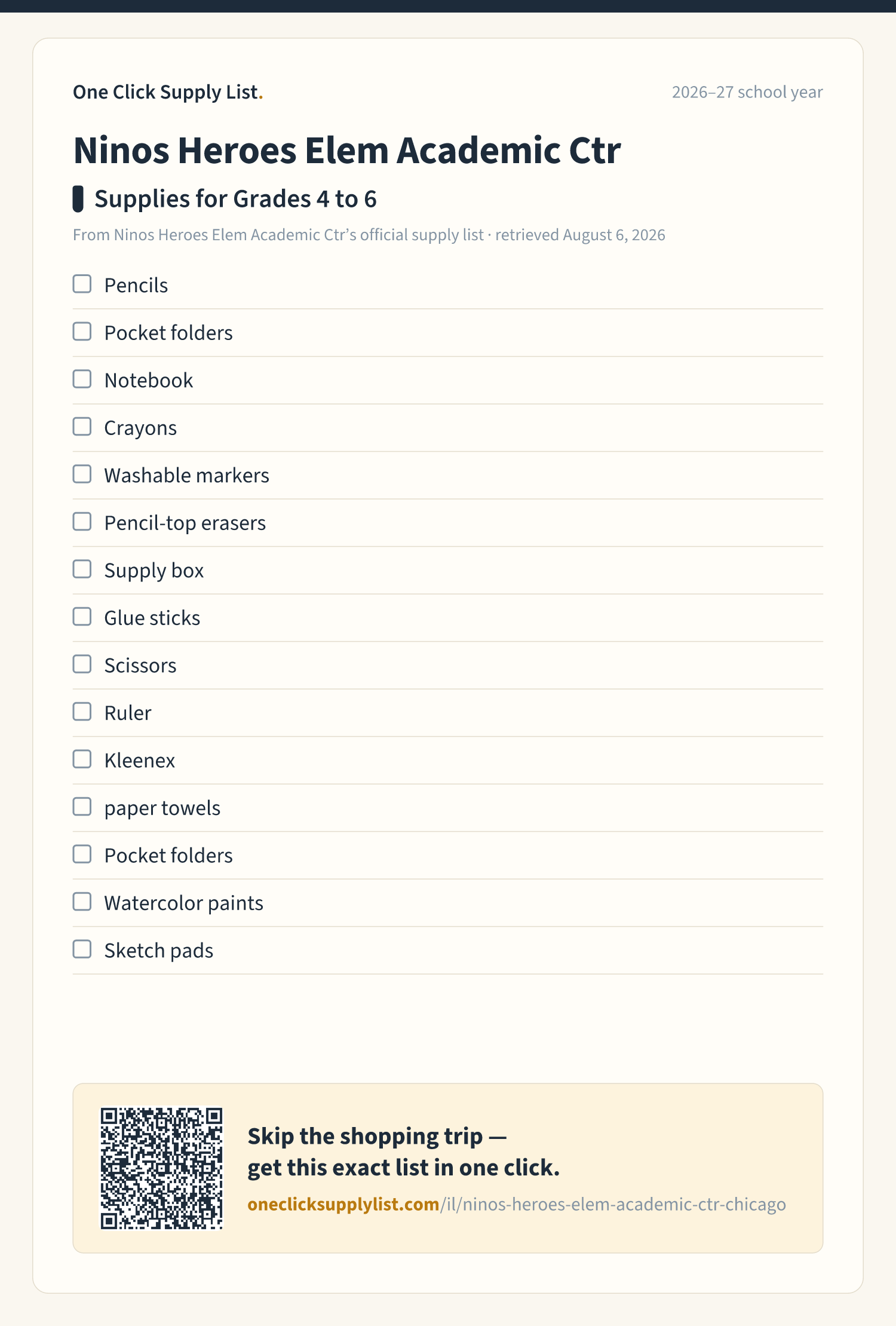 Ninos Heroes Elem Academic Ctr Supplies for Grades 4 to 6 supply list — printable image