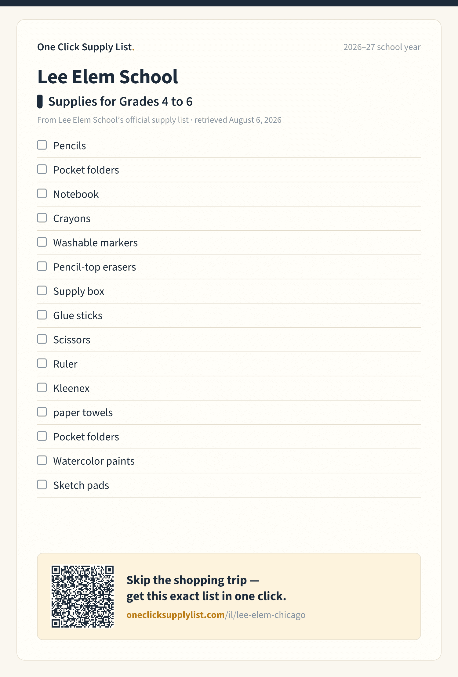 Lee Elem School Supplies for Grades 4 to 6 supply list — printable image