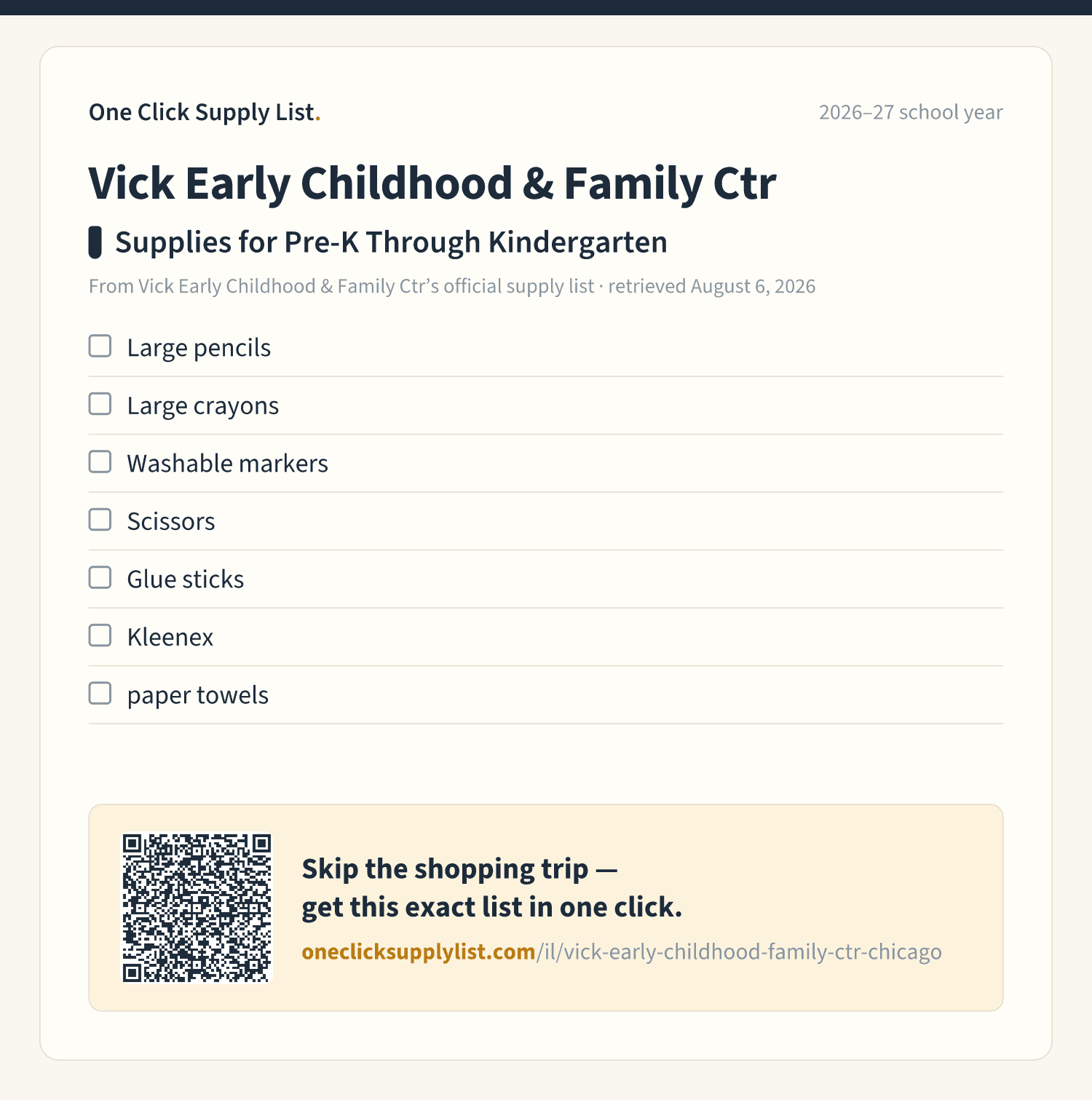 Vick Early Childhood & Family Ctr Supplies for Pre-K Through Kindergarten supply list — printable image