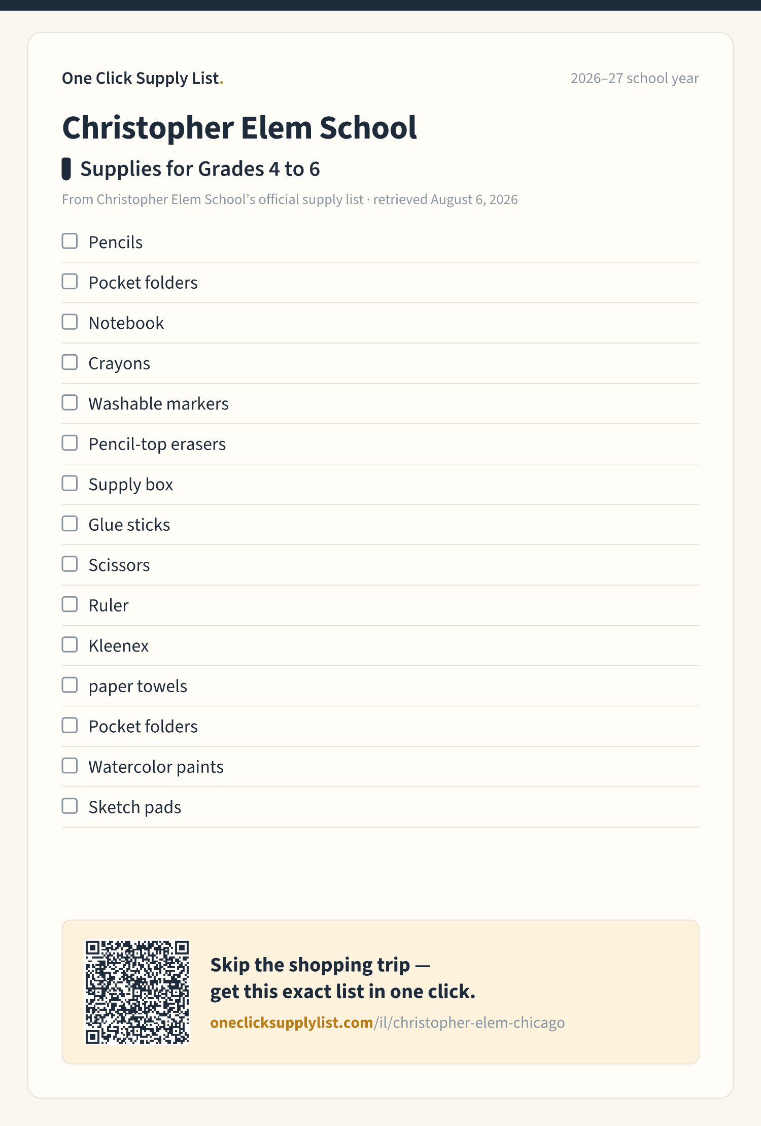 Christopher Elem School Supplies for Grades 4 to 6 supply list — printable image