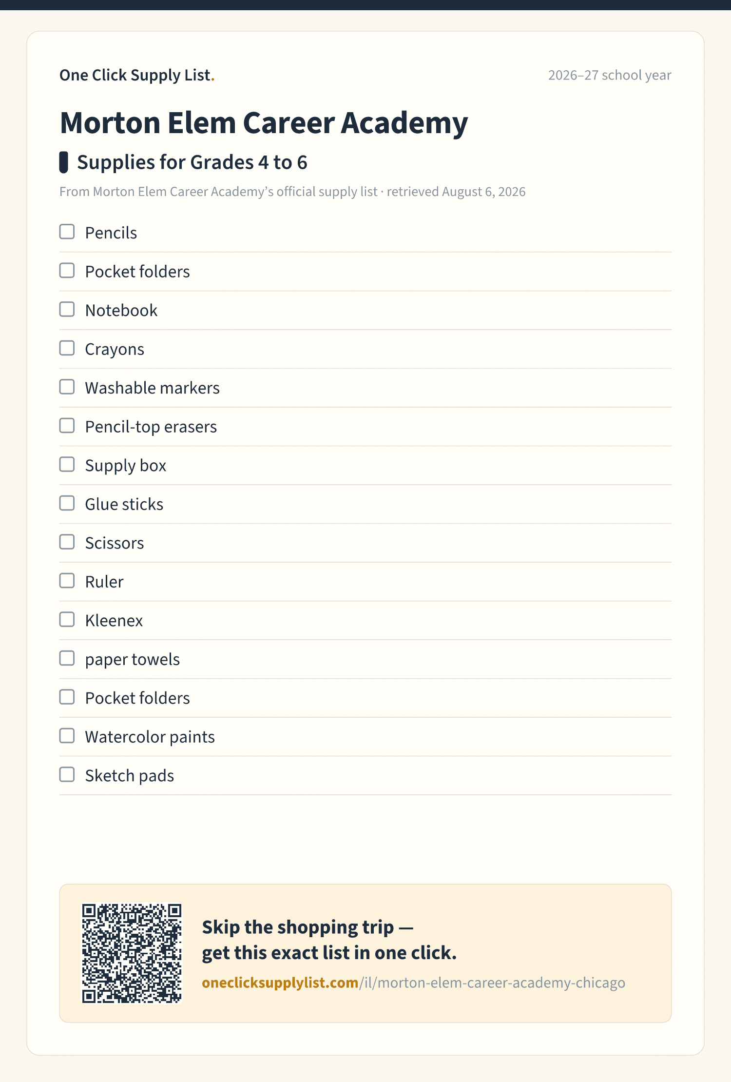 Morton Elem Career Academy Supplies for Grades 4 to 6 supply list — printable image