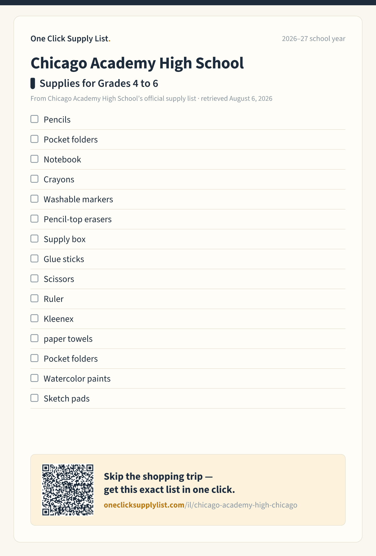 Chicago Academy High School Supplies for Grades 4 to 6 supply list — printable image