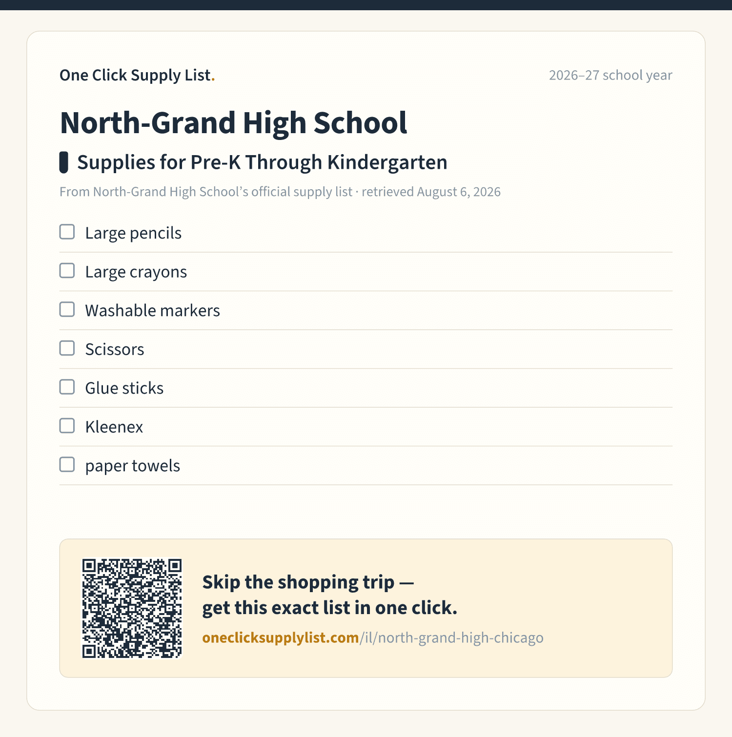 North-Grand High School Supplies for Pre-K Through Kindergarten supply list — printable image