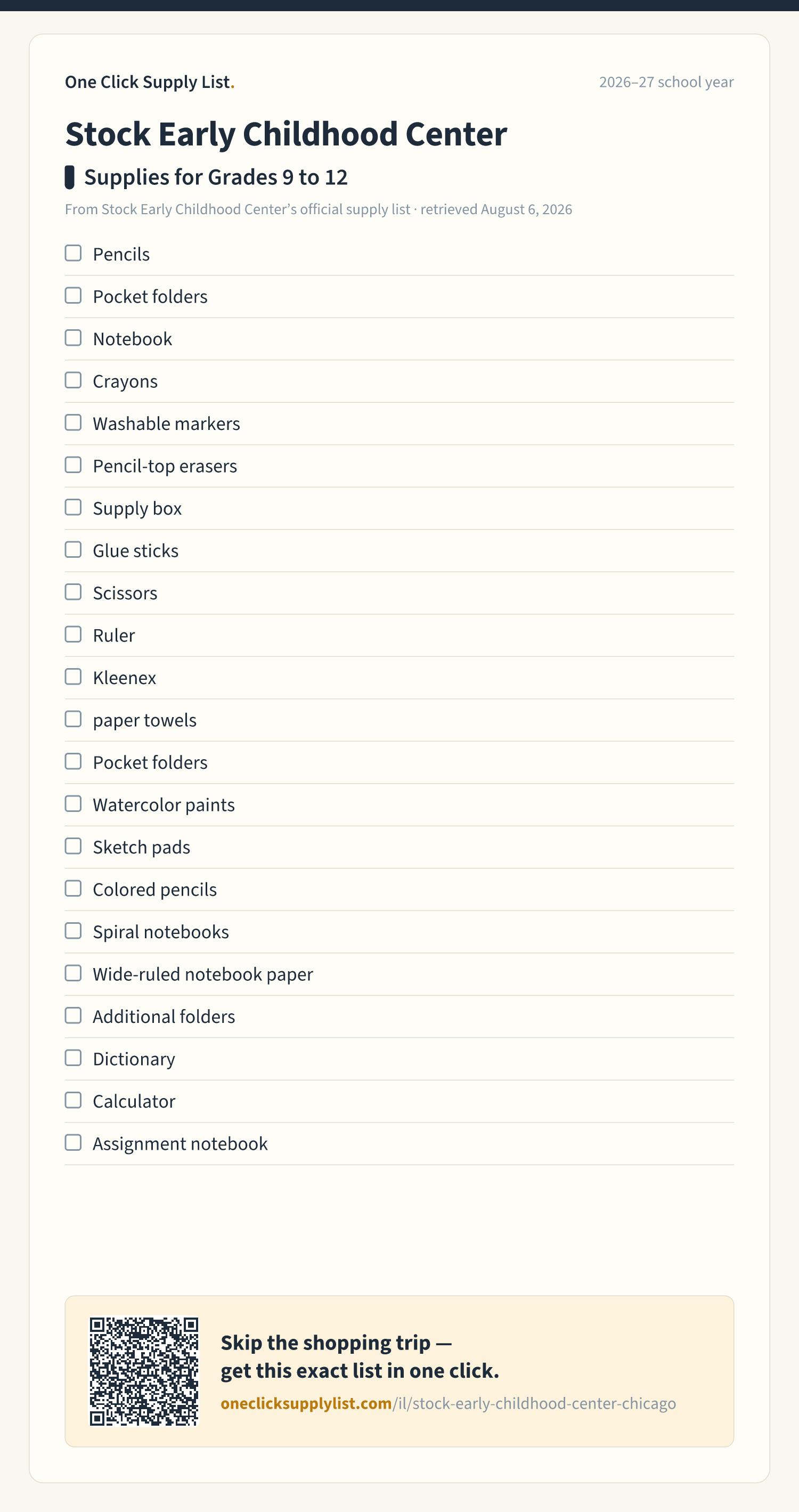 Stock Early Childhood Center Supplies for Grades 9 to 12 supply list — printable image