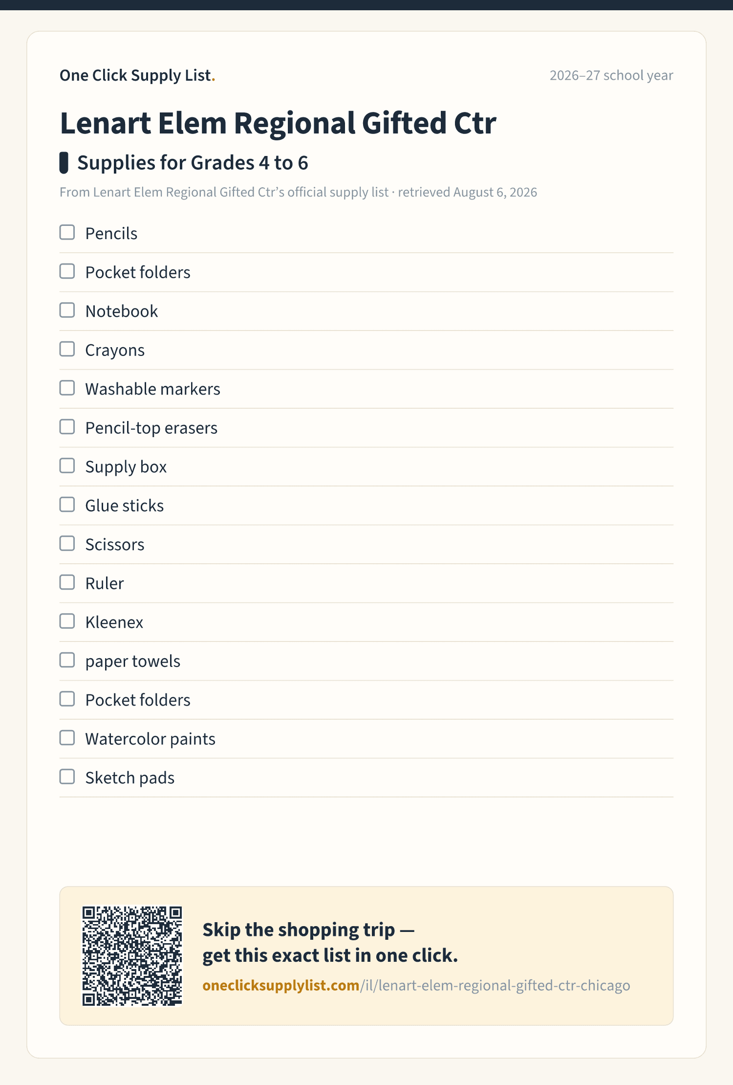 Lenart Elem Regional Gifted Ctr Supplies for Grades 4 to 6 supply list — printable image
