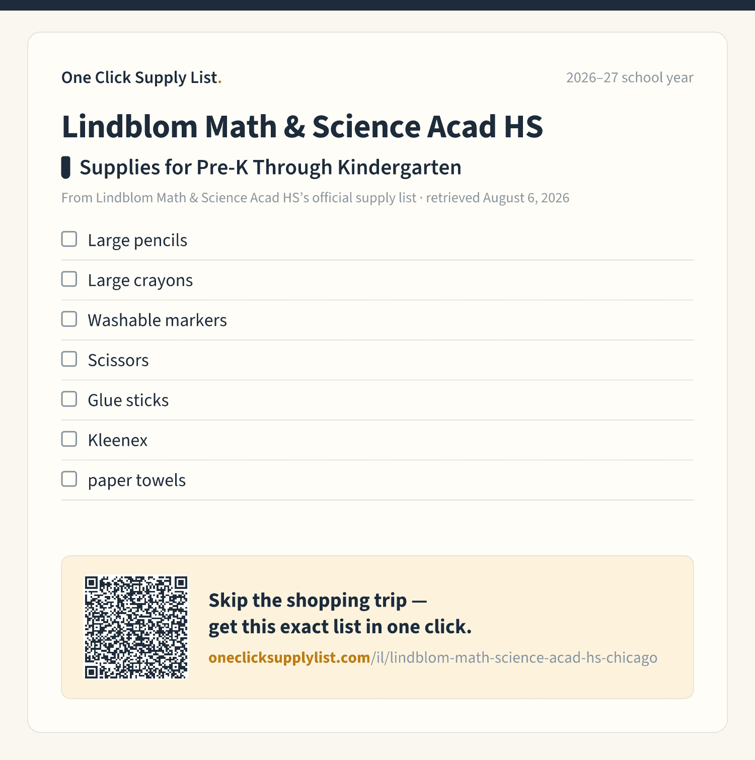 Lindblom Math & Science Acad HS Supplies for Pre-K Through Kindergarten supply list — printable image