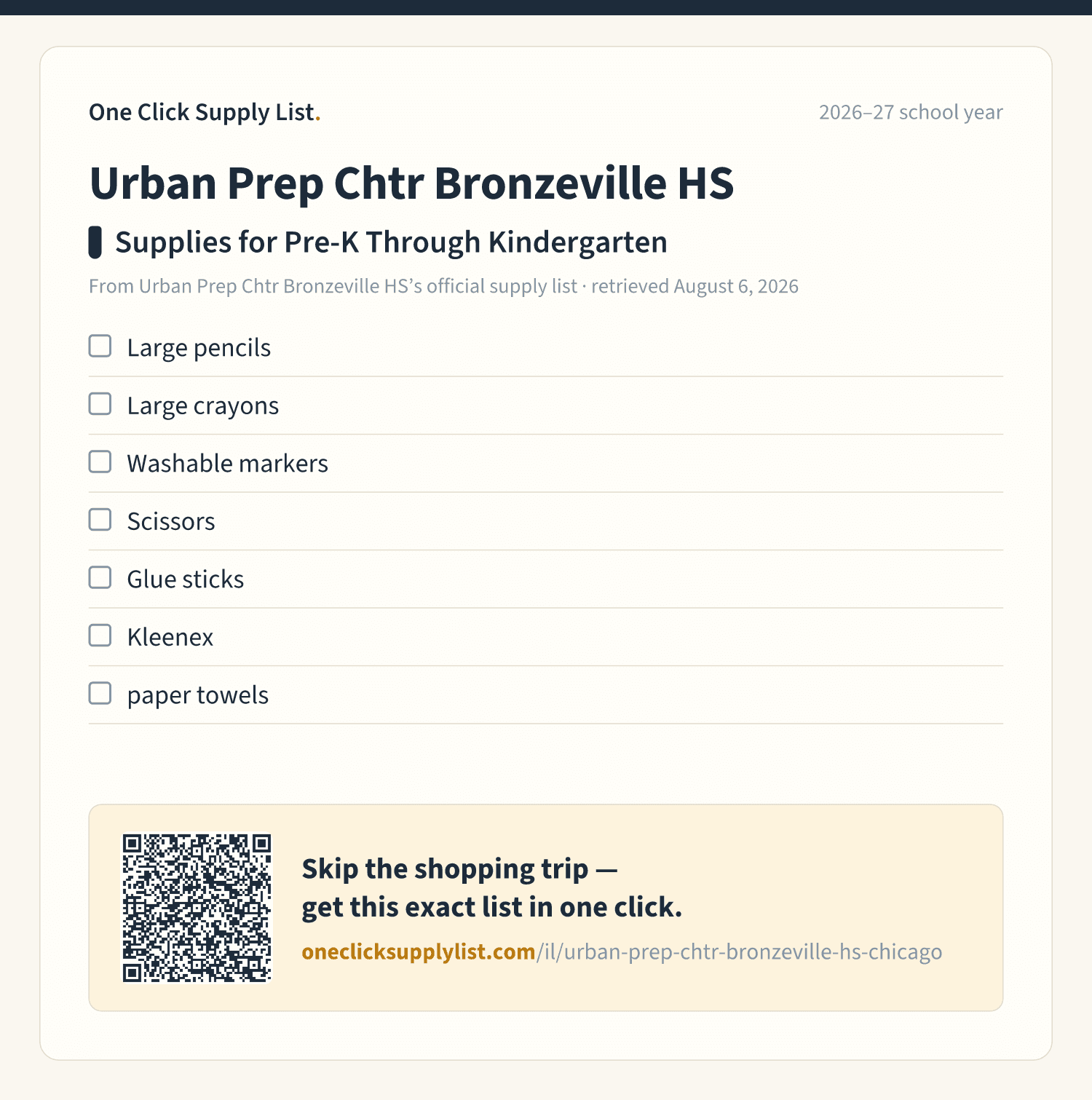 Urban Prep Chtr  Bronzeville HS Supplies for Pre-K Through Kindergarten supply list — printable image