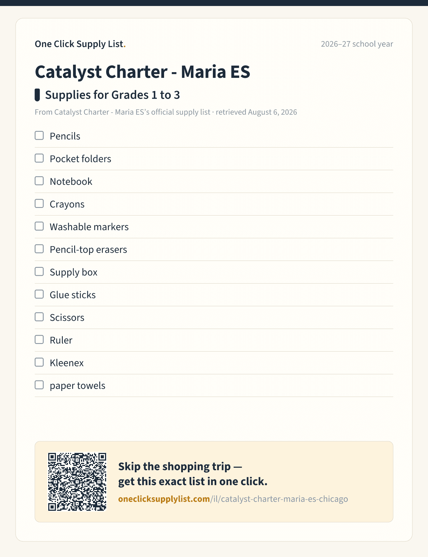 Catalyst Charter - Maria ES Supplies for Grades 1 to 3 supply list — printable image