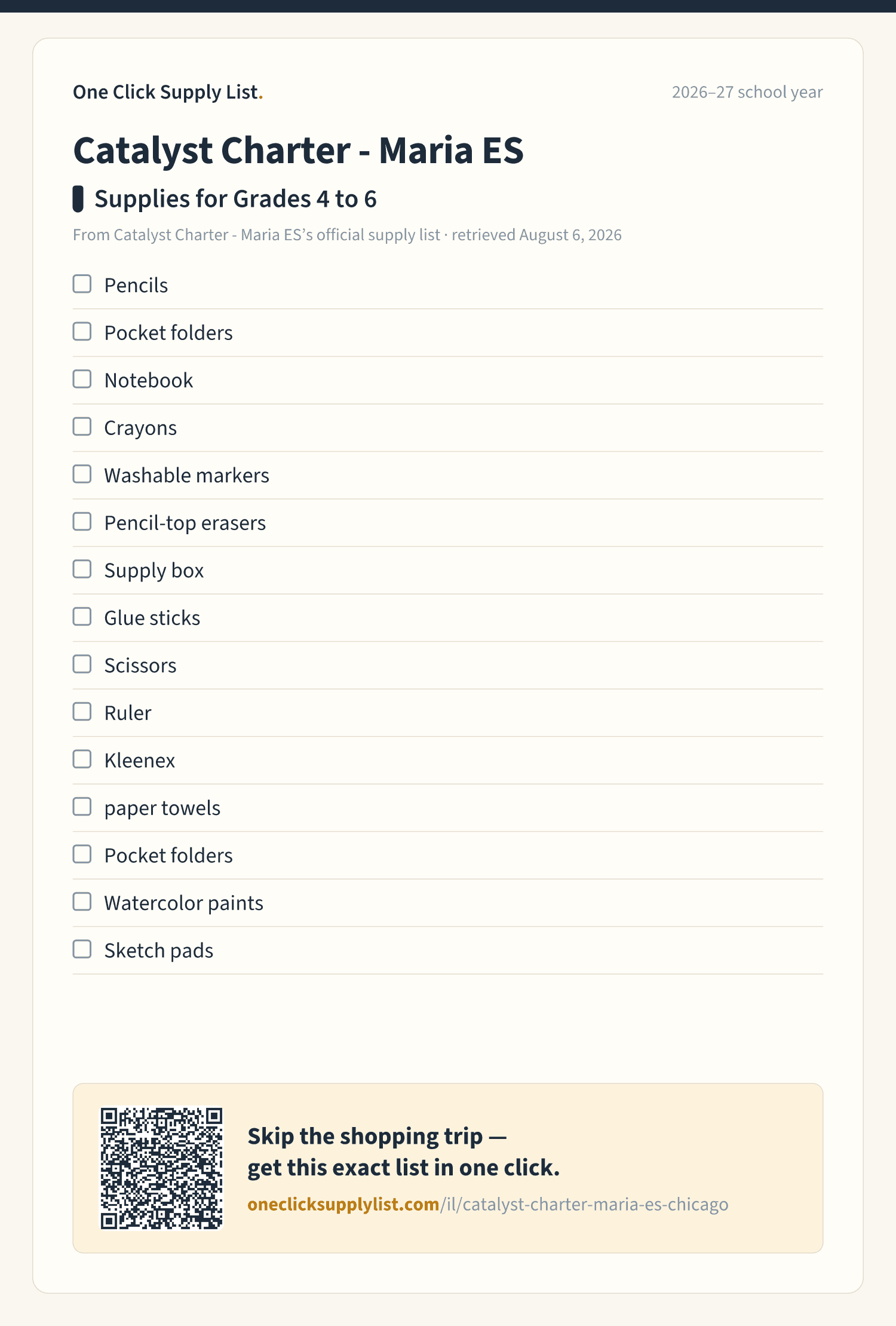 Catalyst Charter - Maria ES Supplies for Grades 4 to 6 supply list — printable image