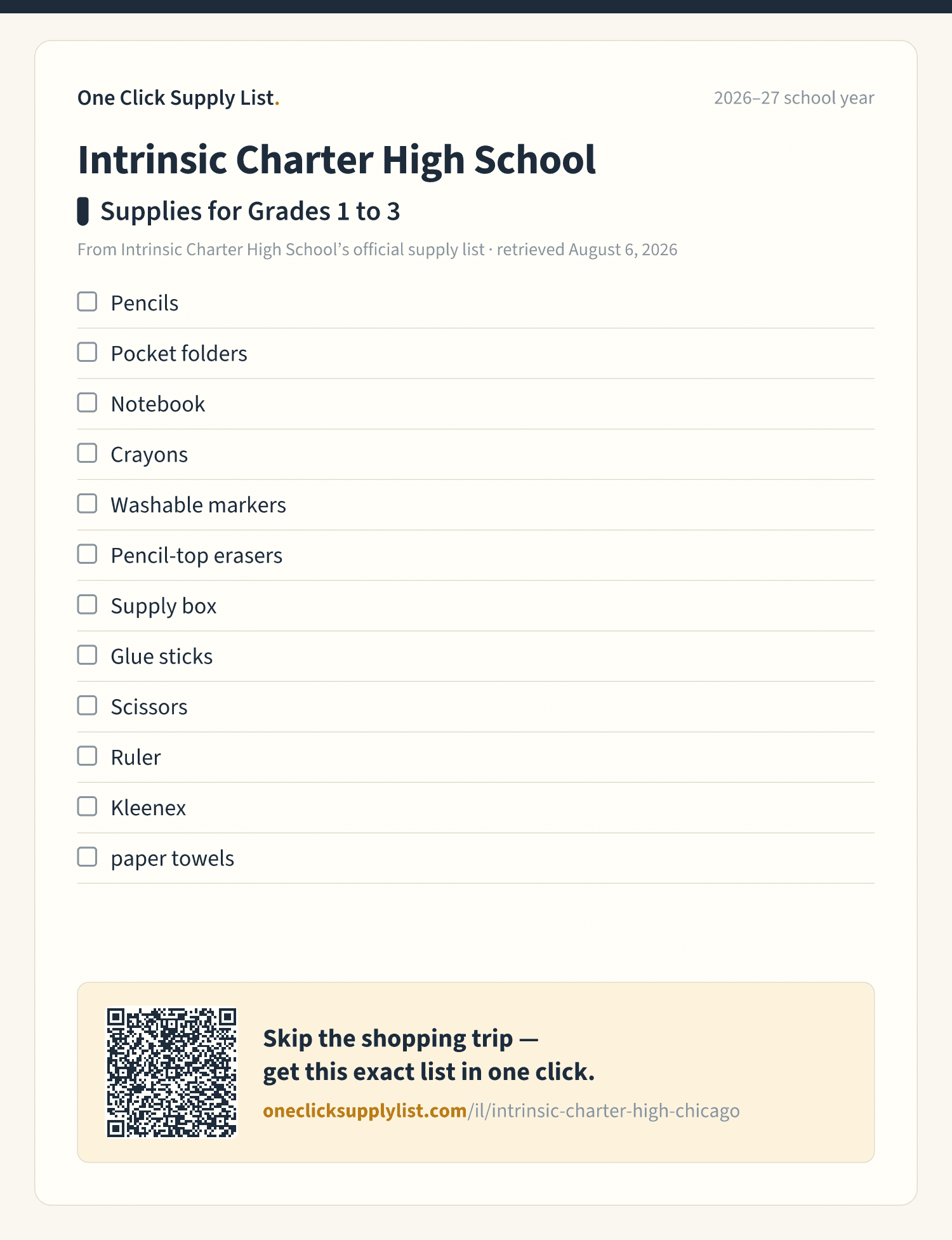 Intrinsic Charter High School Supplies for Grades 1 to 3 supply list — printable image