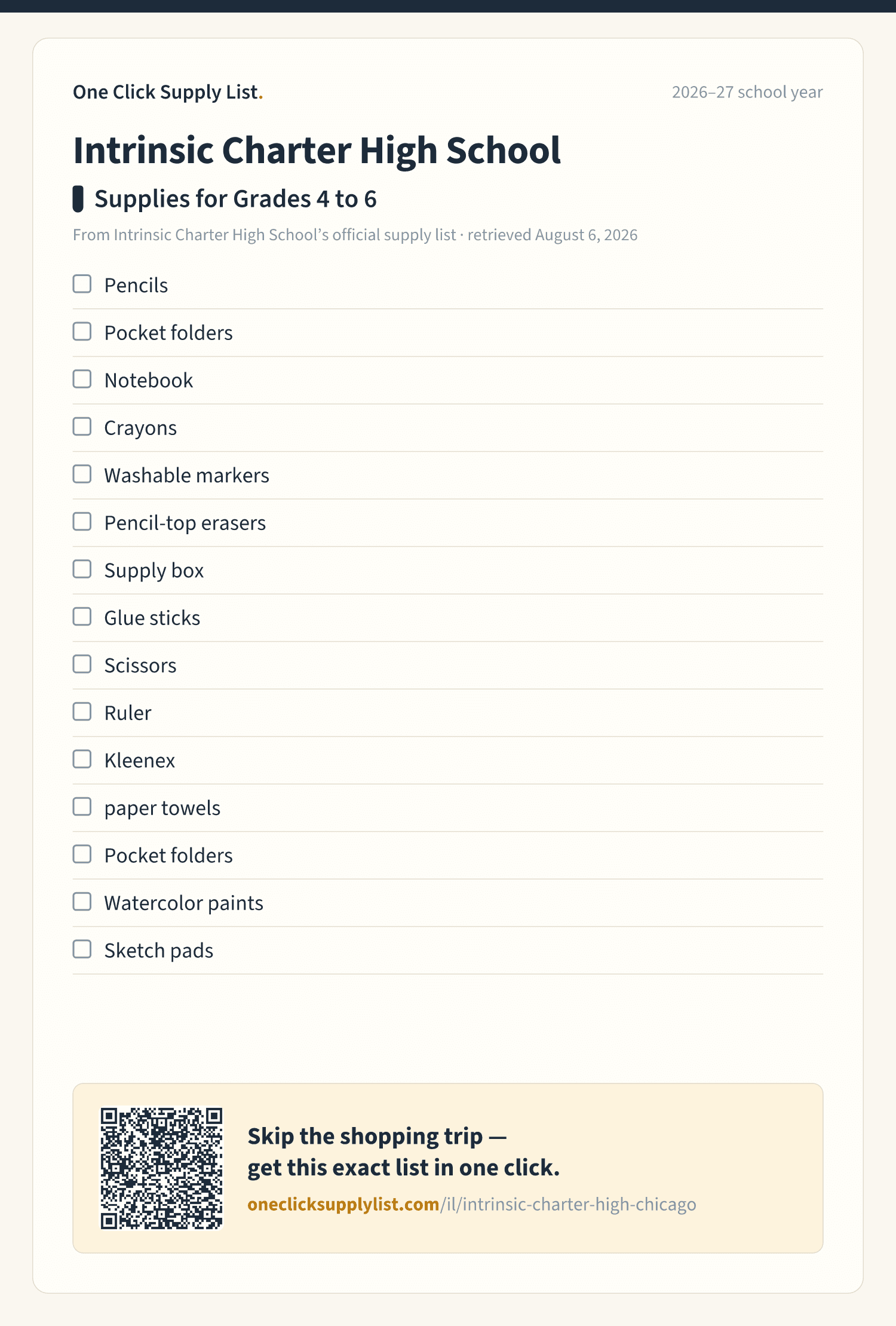 Intrinsic Charter High School Supplies for Grades 4 to 6 supply list — printable image