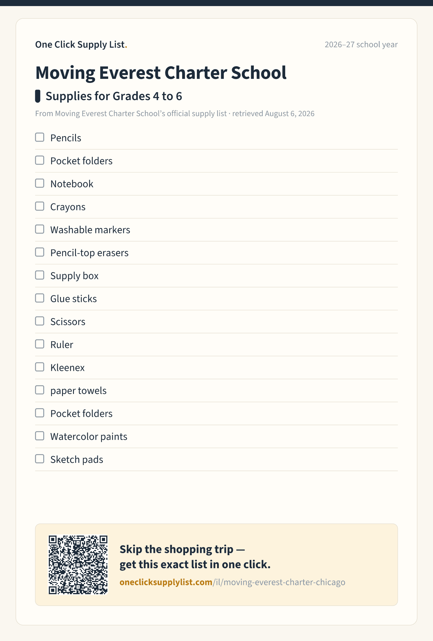 Moving Everest Charter School Supplies for Grades 4 to 6 supply list — printable image